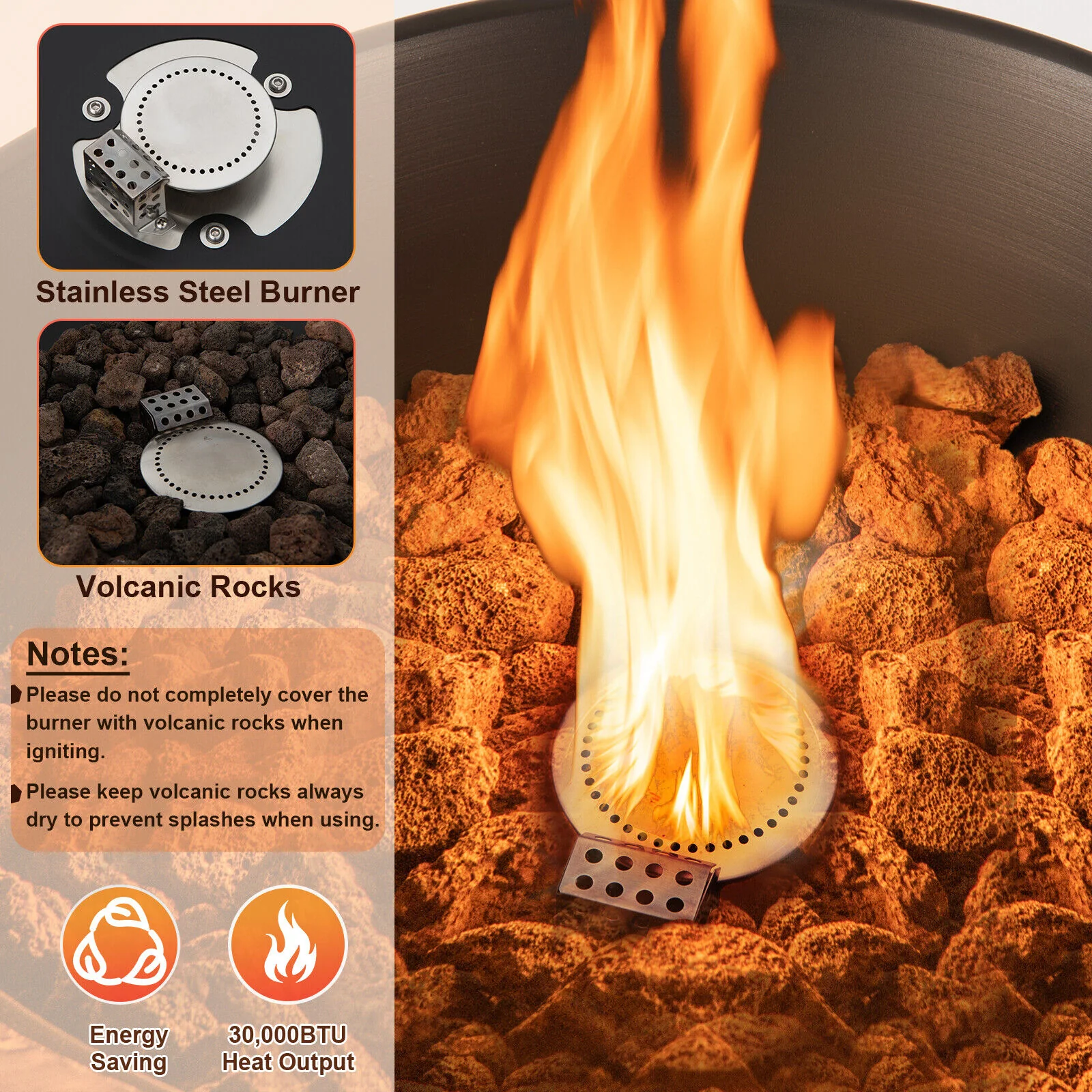 48 Inch Propane Fire Bowl Column, Lava Rocks, PVC Cover, Gray - Image 9