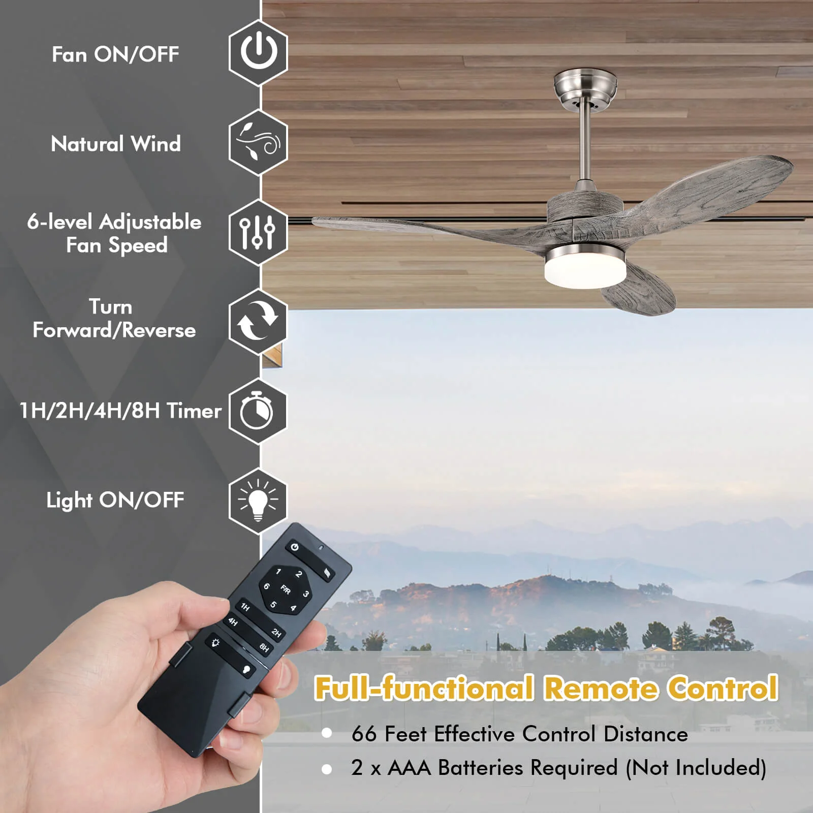 48 Inch Wood Ceiling Fan With LED Lights, 6 Speed, Silver - Image 10