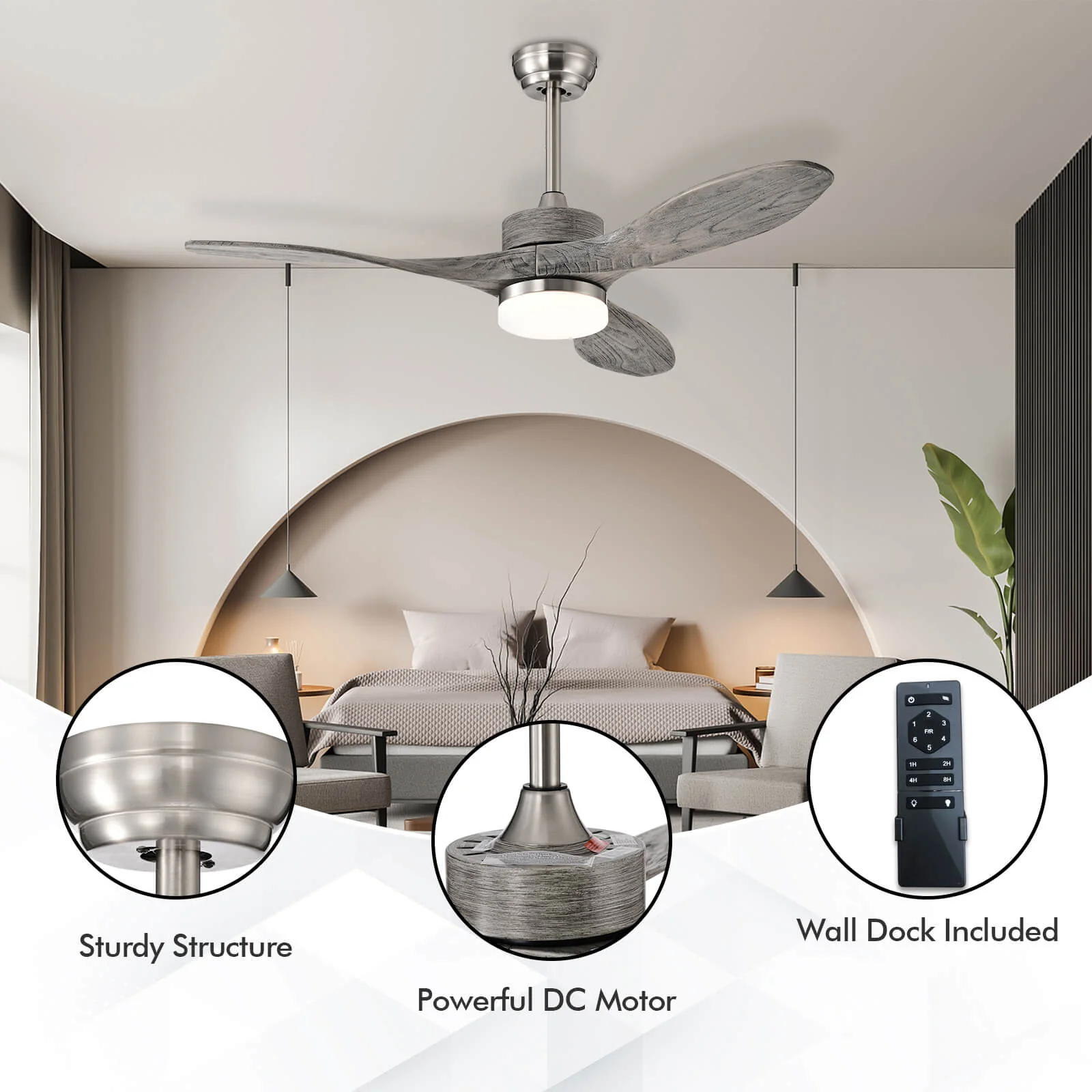 48 Inch Wood Ceiling Fan With LED Lights, 6 Speed, Silver - Image 8