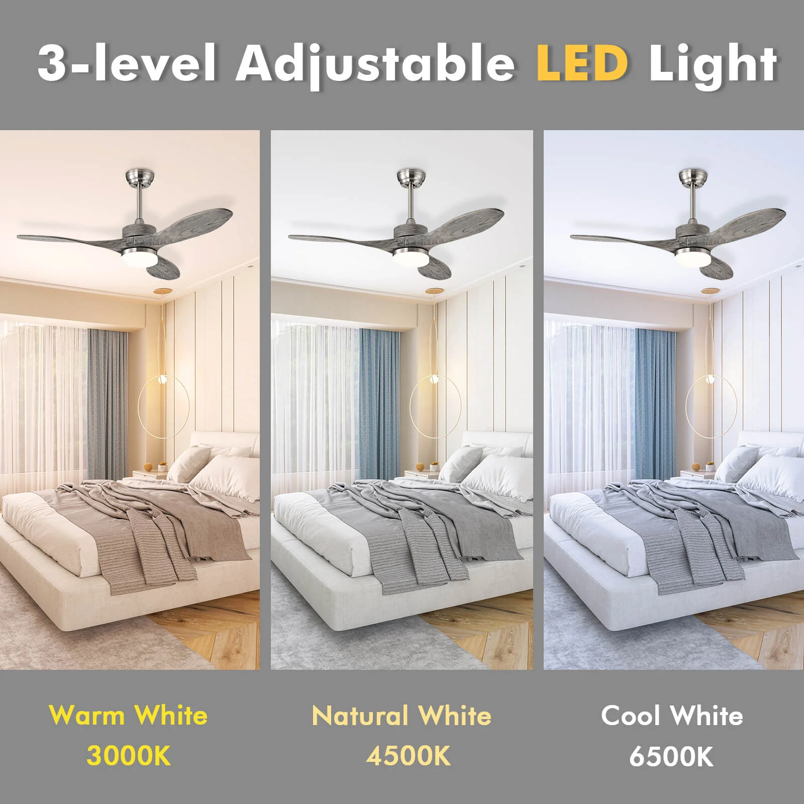 48 Inch Wood Ceiling Fan With LED Lights, 6 Speed, Silver - Image 9