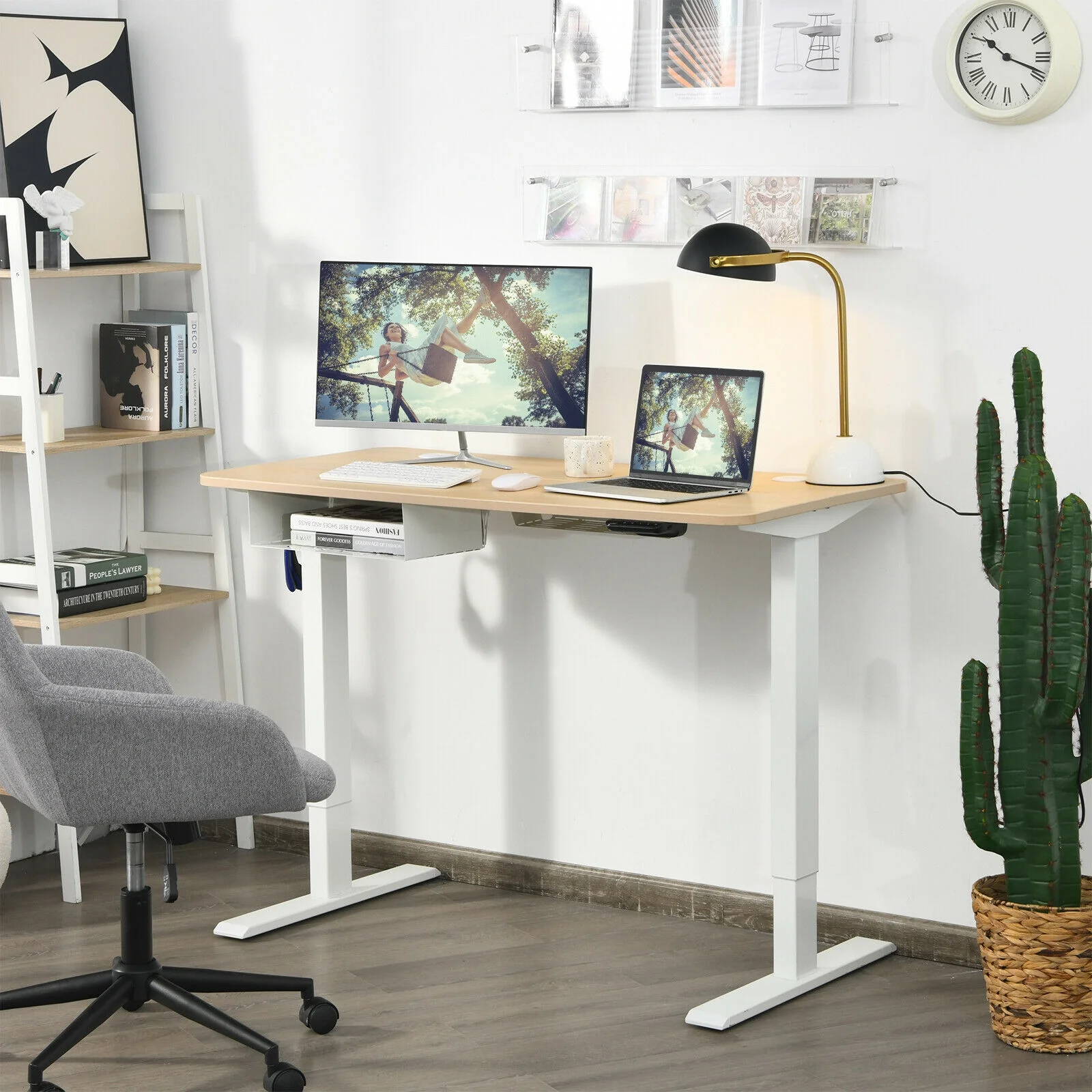 48 Inches Adjustable Electric Standing Desk, USB Port, Beige - Image 3