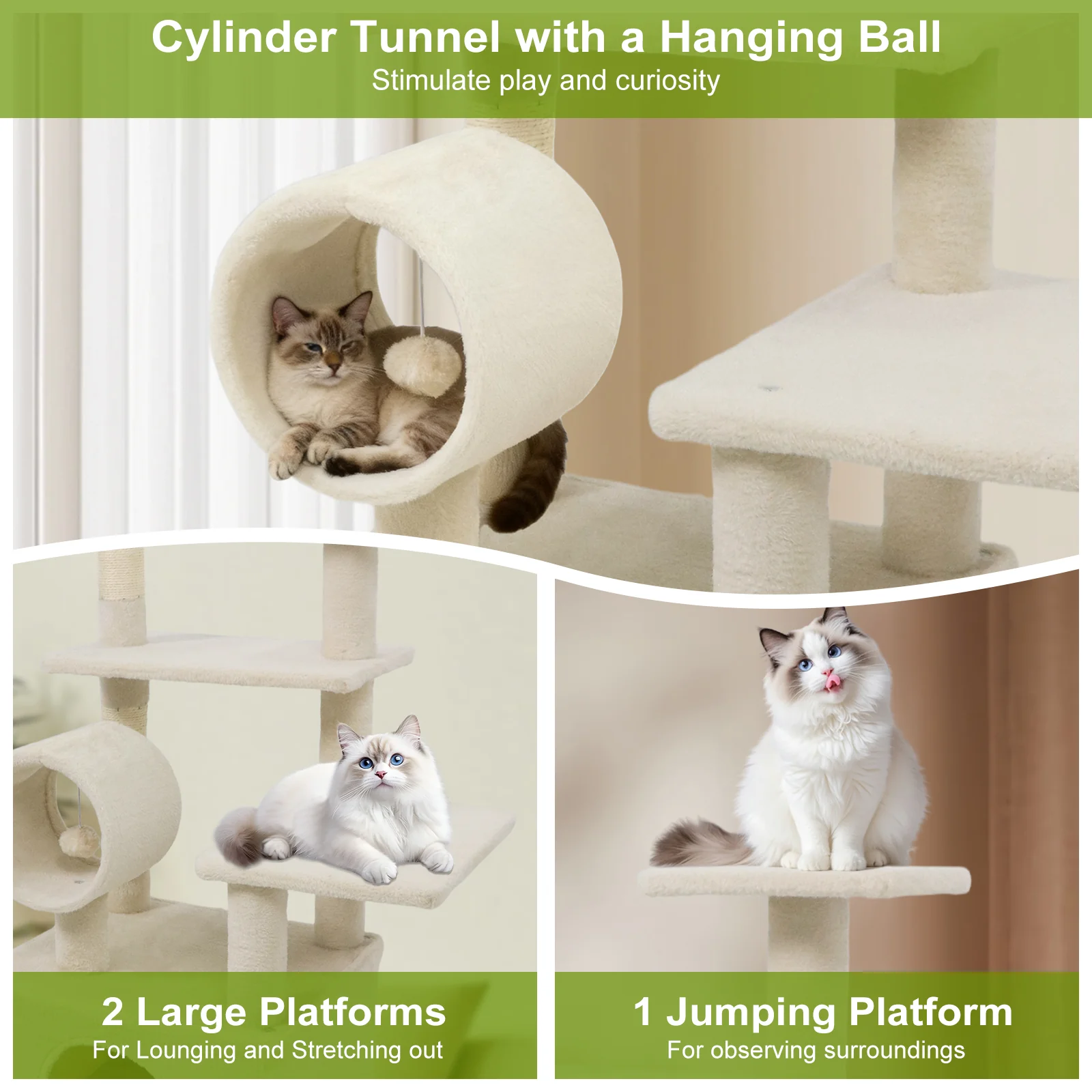 48 Inches Tall Cat Tree Multi-Level Kitten Tower with Large Condo Padded Top Perch, Beige - Image 10