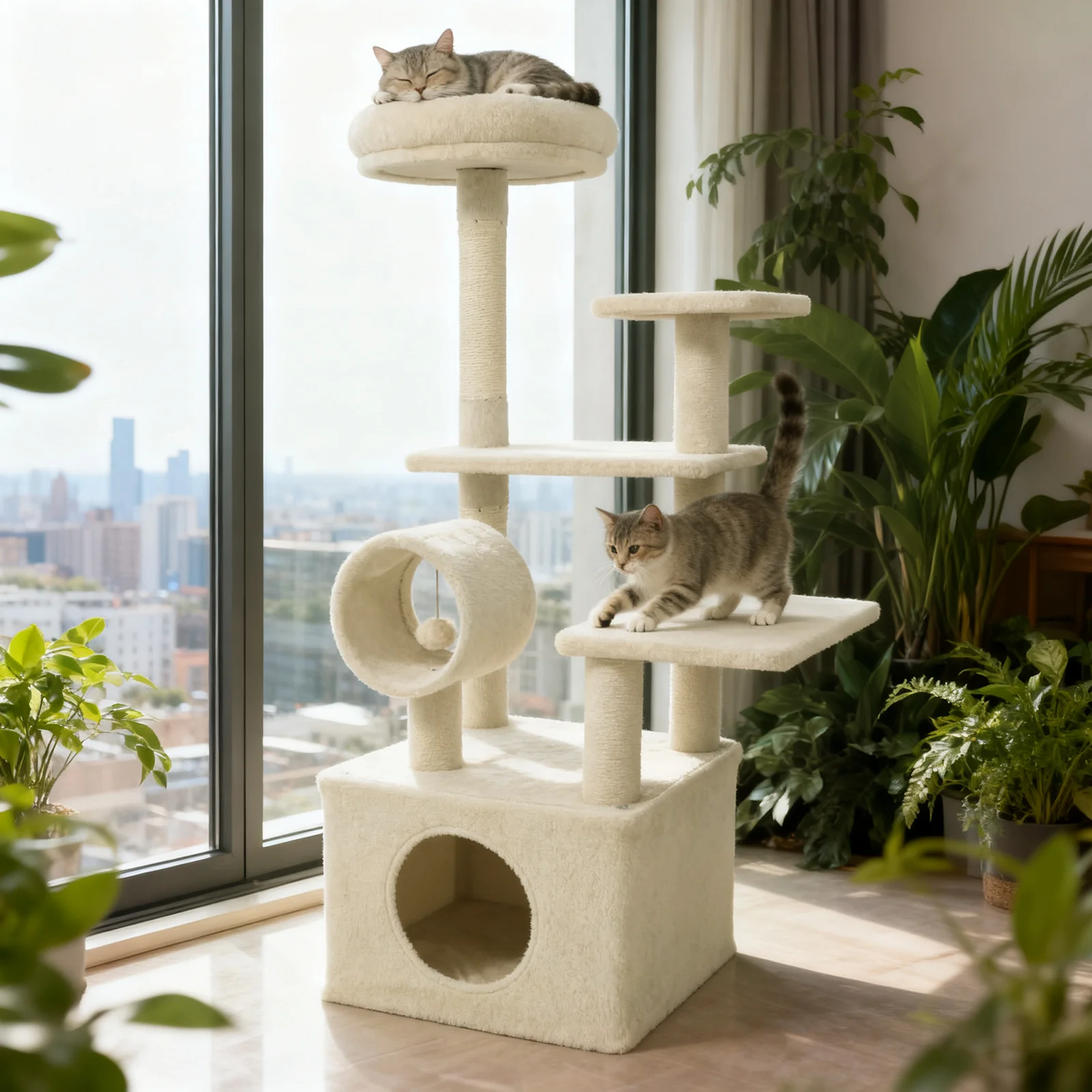 48 Inches Tall Cat Tree Multi-Level Kitten Tower with Large Condo Padded Top Perch, Beige - Image 2