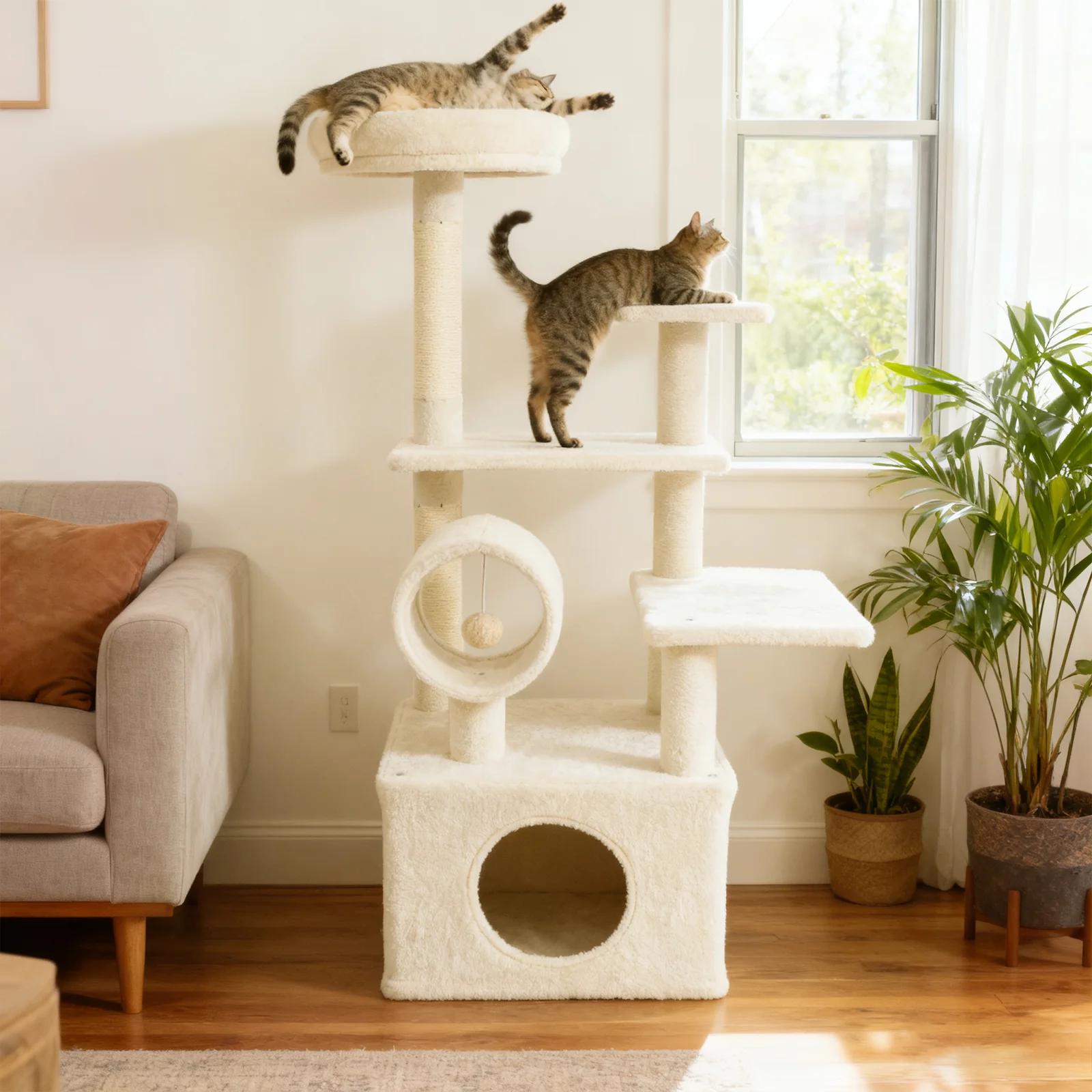 48 Inches Tall Cat Tree Multi-Level Kitten Tower with Large Condo Padded Top Perch, Beige - Image 3