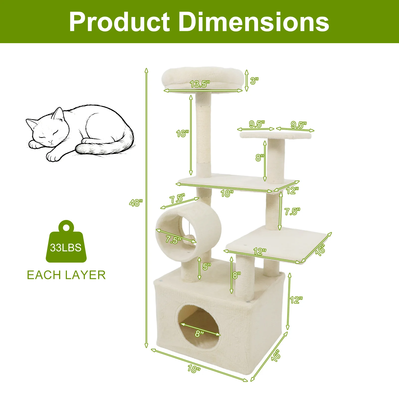 48 Inches Tall Cat Tree Multi-Level Kitten Tower with Large Condo Padded Top Perch, Beige - Image 6