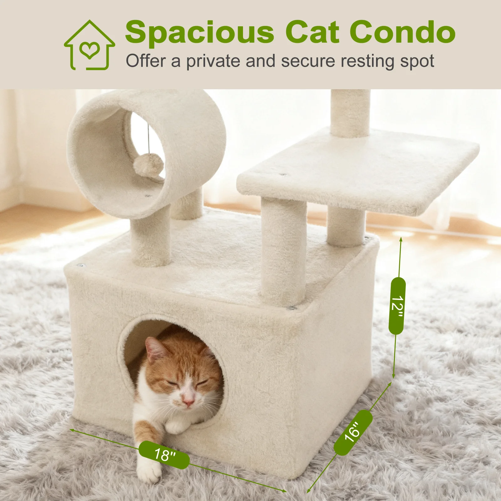 48 Inches Tall Cat Tree Multi-Level Kitten Tower with Large Condo Padded Top Perch, Beige - Image 7