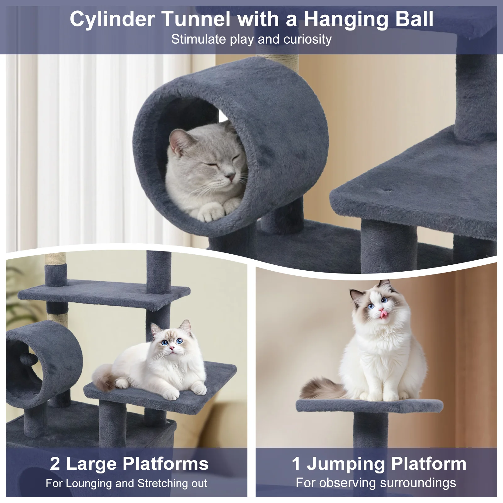 48 Inches Tall Cat Tree Multi-Level Kitten Tower with Large Condo Padded Top Perch-Grey, Gray - Image 10
