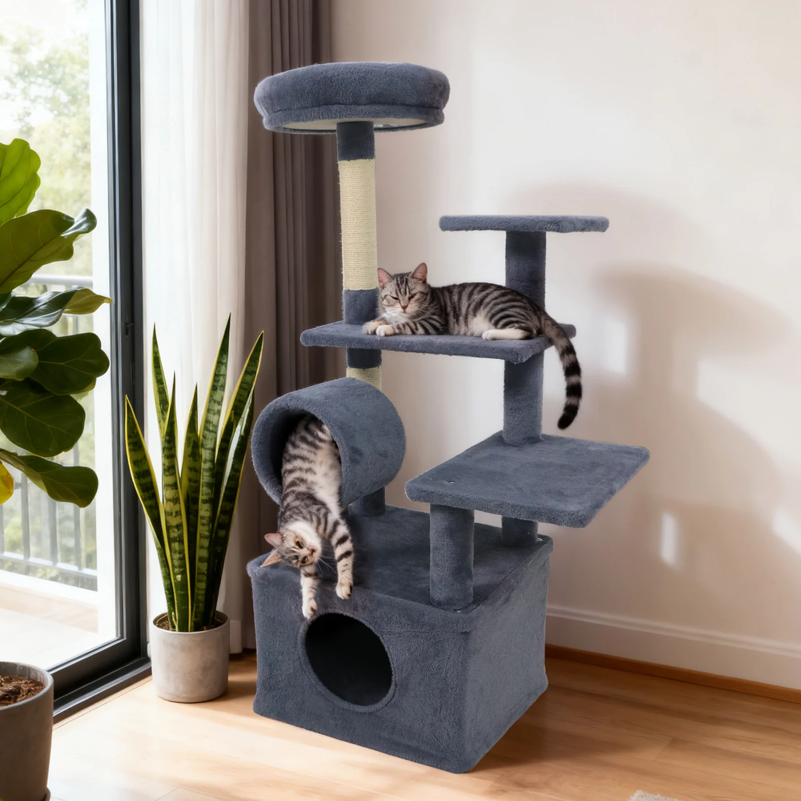 48 Inches Tall Cat Tree Multi-Level Kitten Tower with Large Condo Padded Top Perch-Grey, Gray - Image 2