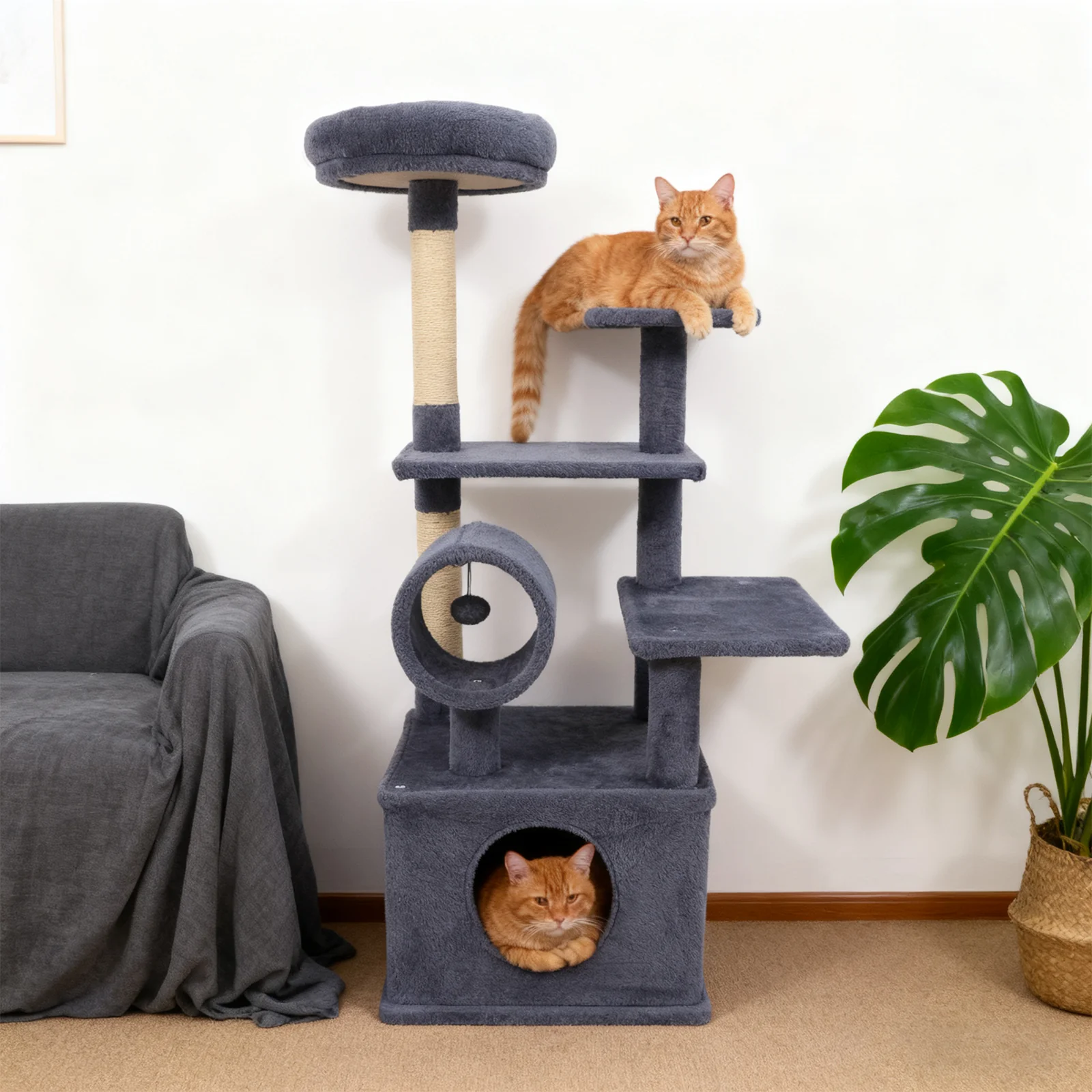 48 Inches Tall Cat Tree Multi-Level Kitten Tower with Large Condo Padded Top Perch-Grey, Gray - Image 3