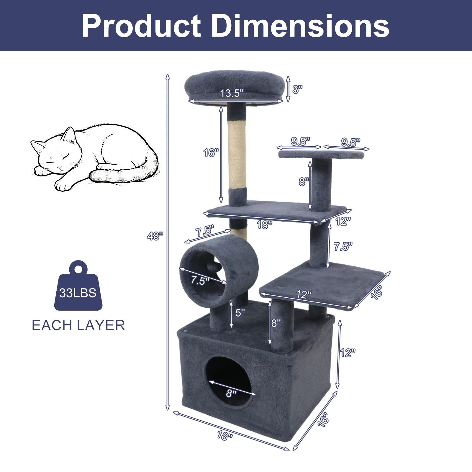48 Inches Tall Cat Tree Multi-Level Kitten Tower with Large Condo Padded Top Perch-Grey, Gray - Image 6