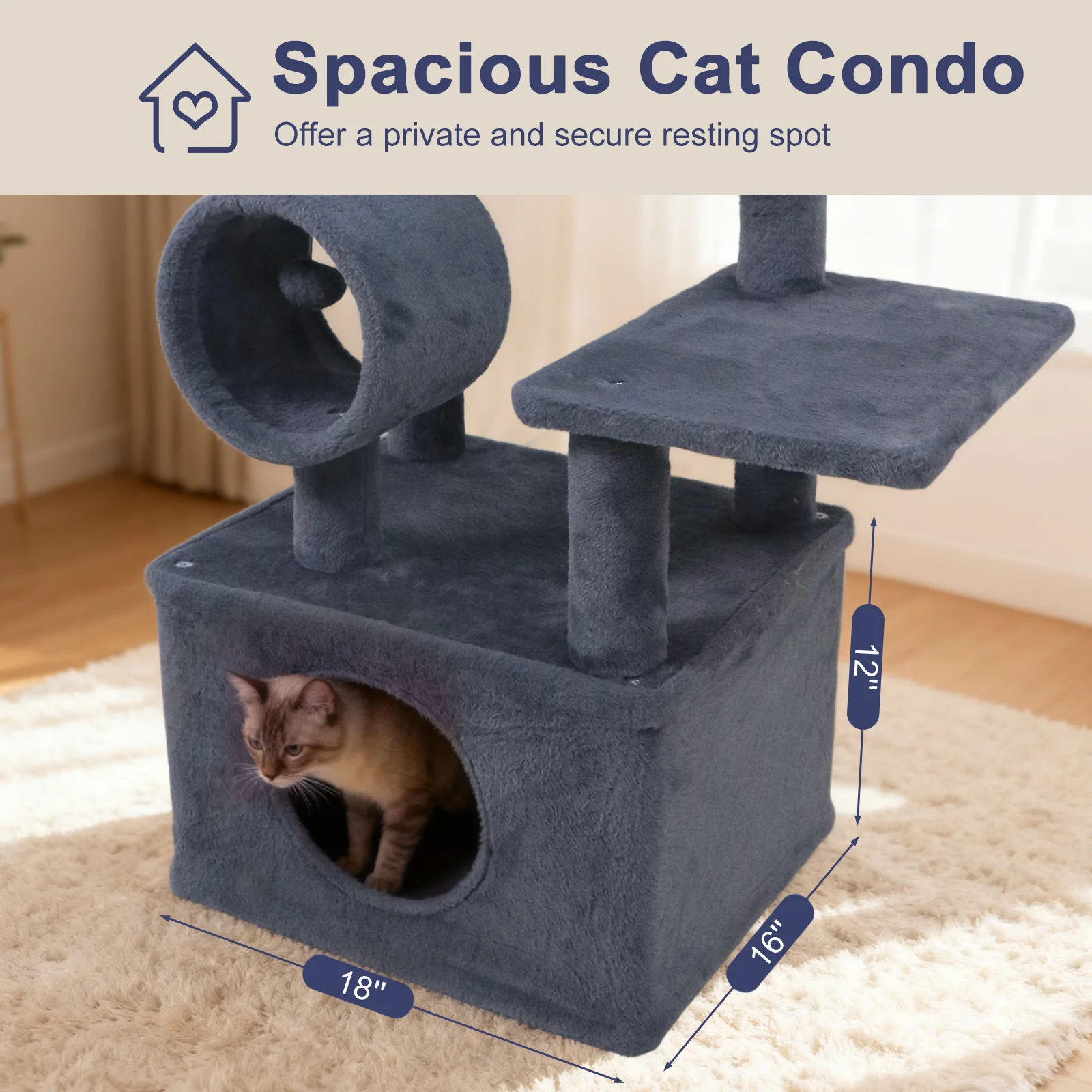48 Inches Tall Cat Tree Multi-Level Kitten Tower with Large Condo Padded Top Perch-Grey, Gray - Image 7