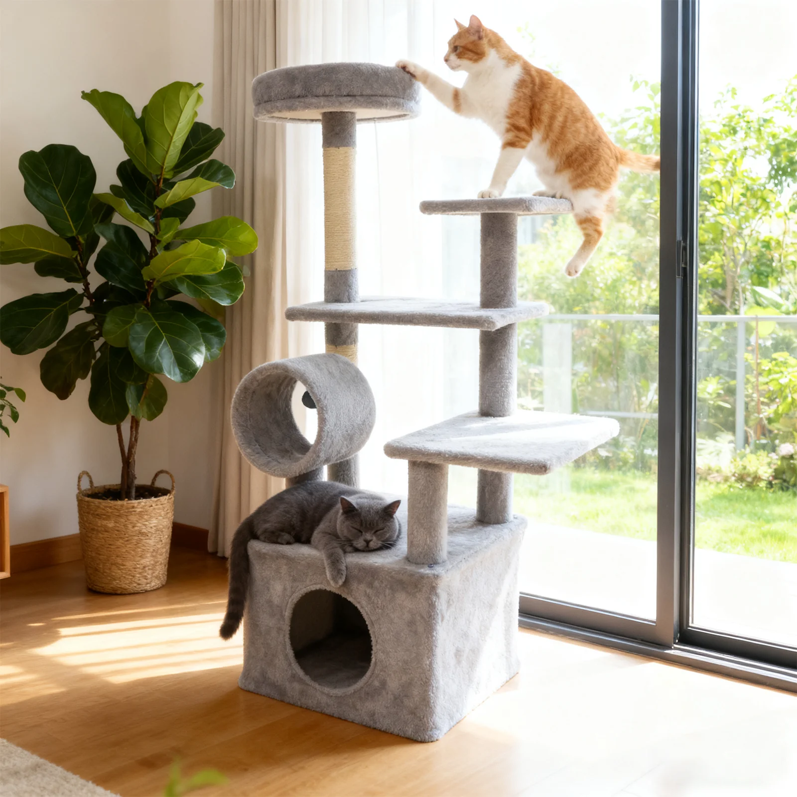 48 Inches Tall Cat Tree Multi-Level Kitten Tower with Large Condo Padded Top Perch, Light Gray - Image 2