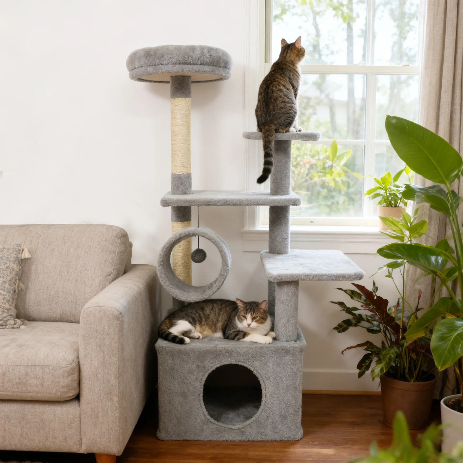 48 Inches Tall Cat Tree Multi-Level Kitten Tower with Large Condo Padded Top Perch, Light Gray - Image 3