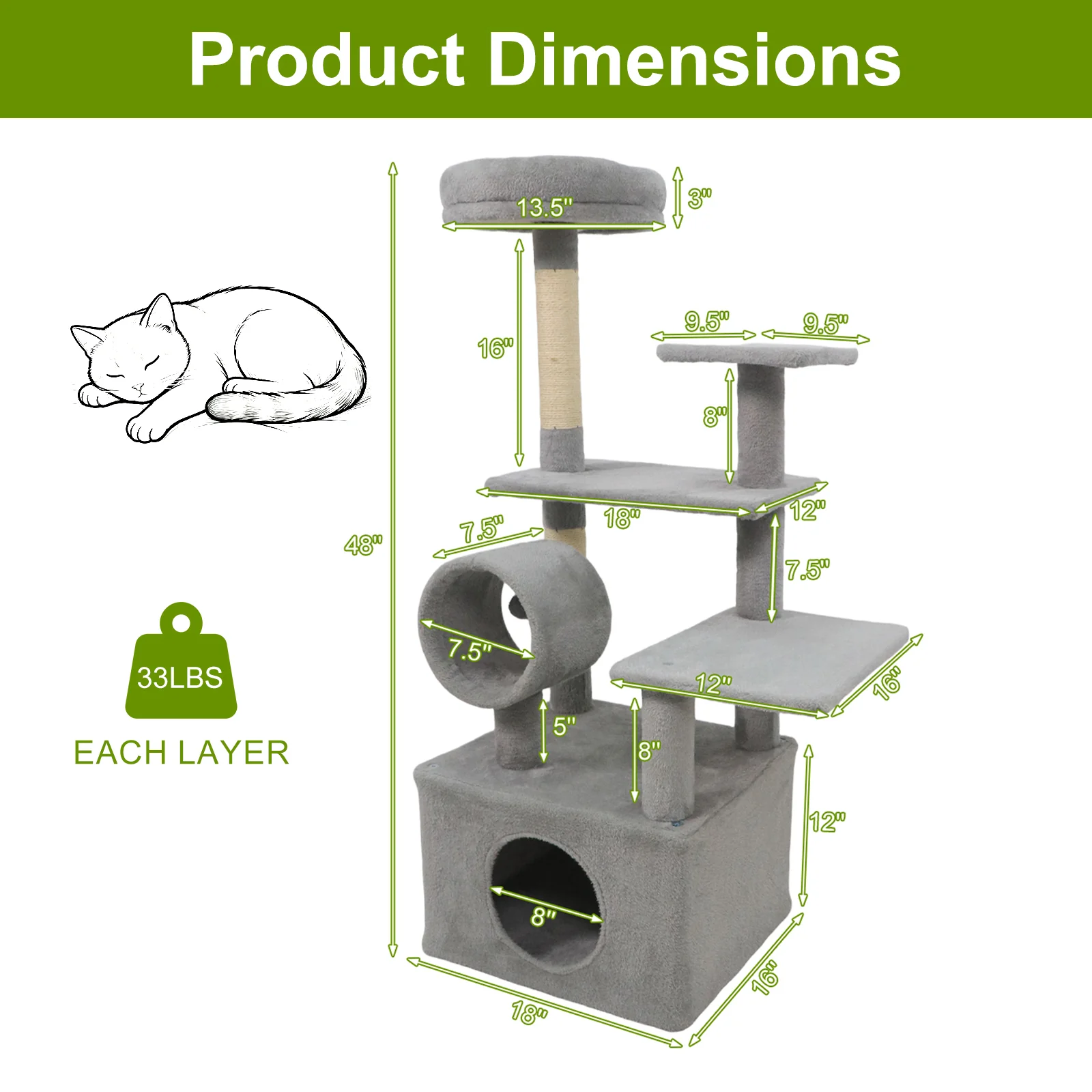 48 Inches Tall Cat Tree Multi-Level Kitten Tower with Large Condo Padded Top Perch, Light Gray - Image 6