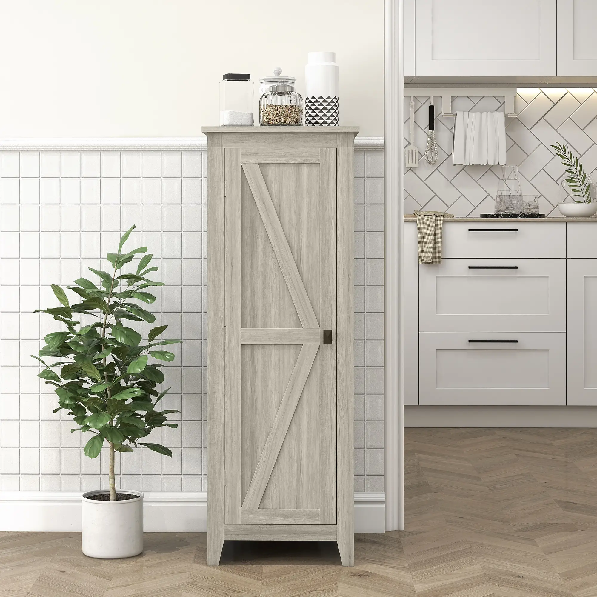 48" Kitchen Pantry Cabinet, Barn Door, Adjustable Shelves, Grey Wood Grain, Grey - Image 2