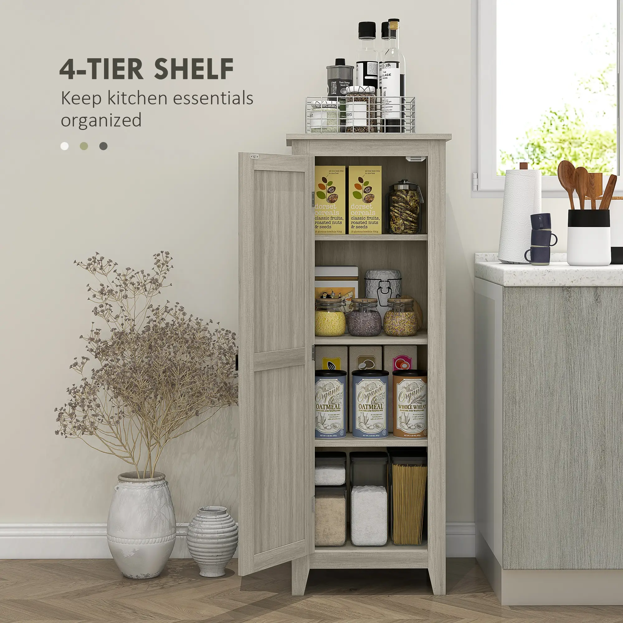 48" Kitchen Pantry Cabinet, Barn Door, Adjustable Shelves, Grey Wood Grain, Grey - Image 5