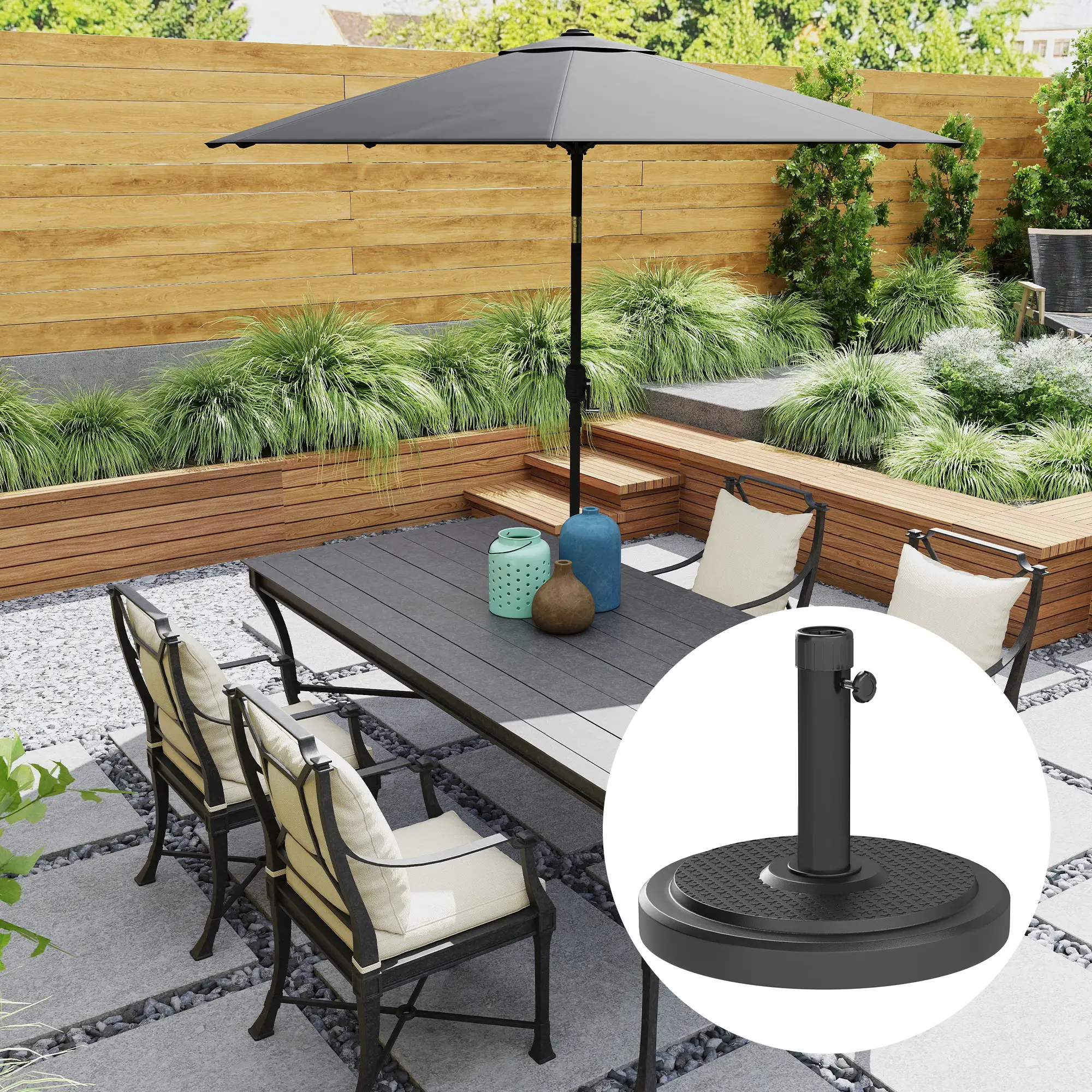 48 Lbs Patio Umbrella Base, Round HDPE, For 1.5" Or 1.9" Poles, Φ18.9" X 15.2" H, Black - Image 10
