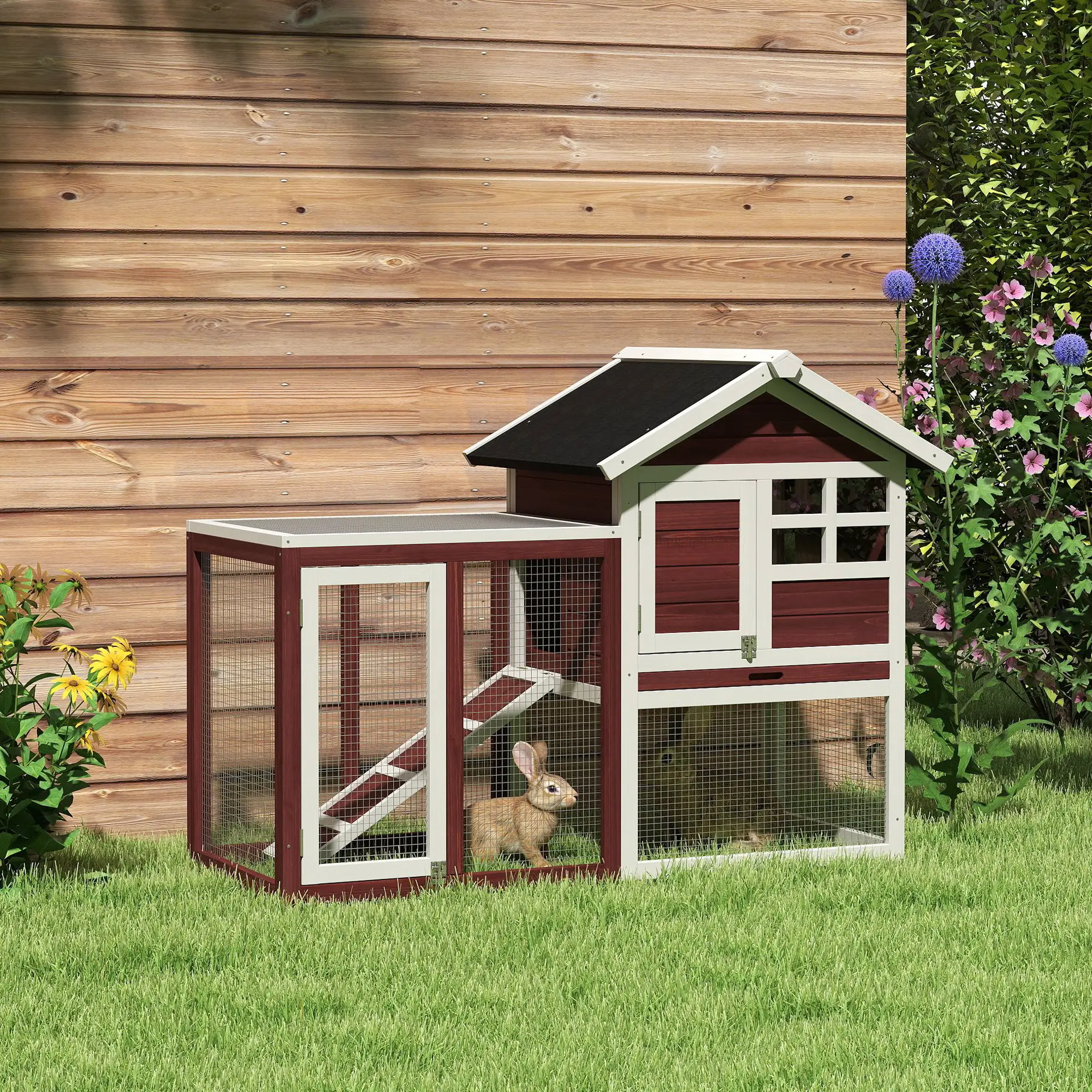 48" Weatherproof Wooden Rabbit Hutch, Bunny Cage, Small Animal House, Brown - Image 2