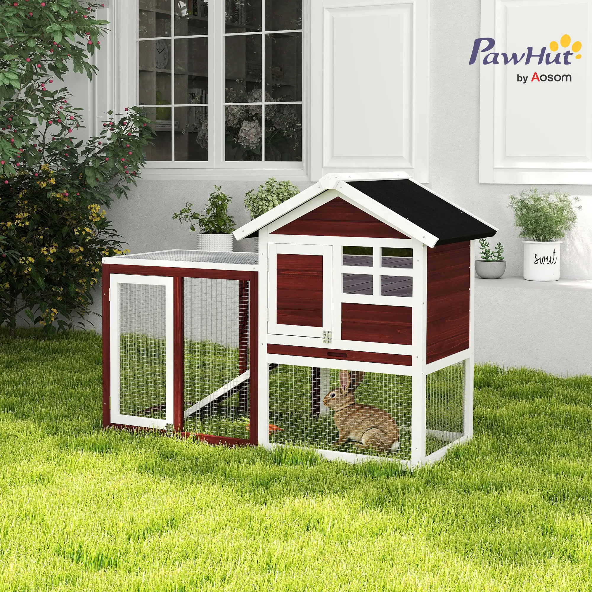 48" Weatherproof Wooden Rabbit Hutch, Bunny Cage, Small Animal House, Brown - Image 8