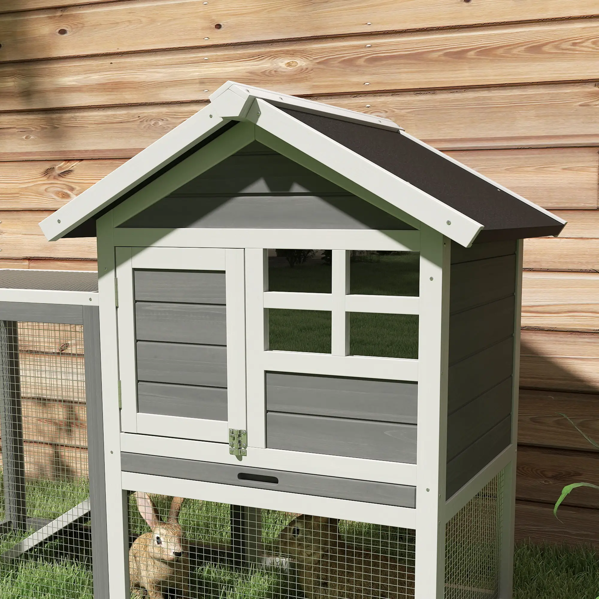 48" Weatherproof Wooden Rabbit Hutch, Slant Roof, Screened Run, Grey - Image 10
