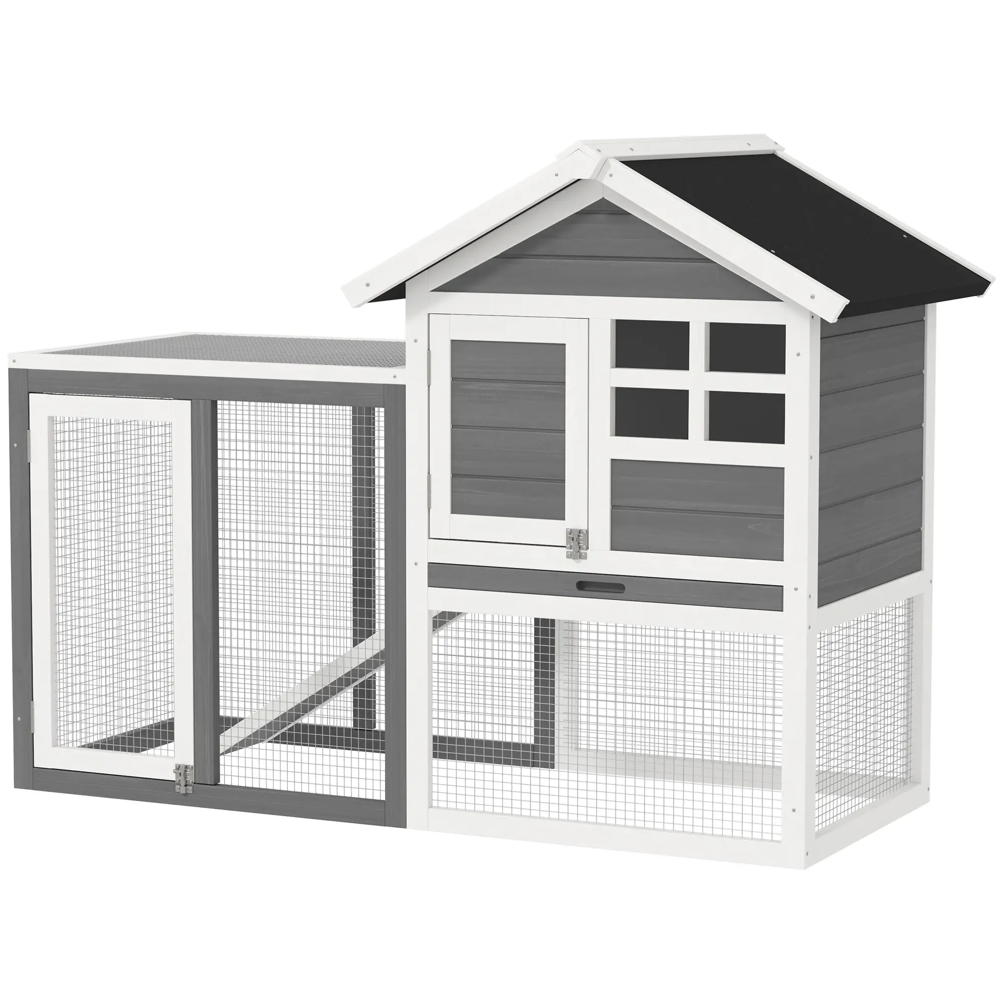 48" Weatherproof Wooden Rabbit Hutch, Slant Roof, Screened Run, Grey - Image 11