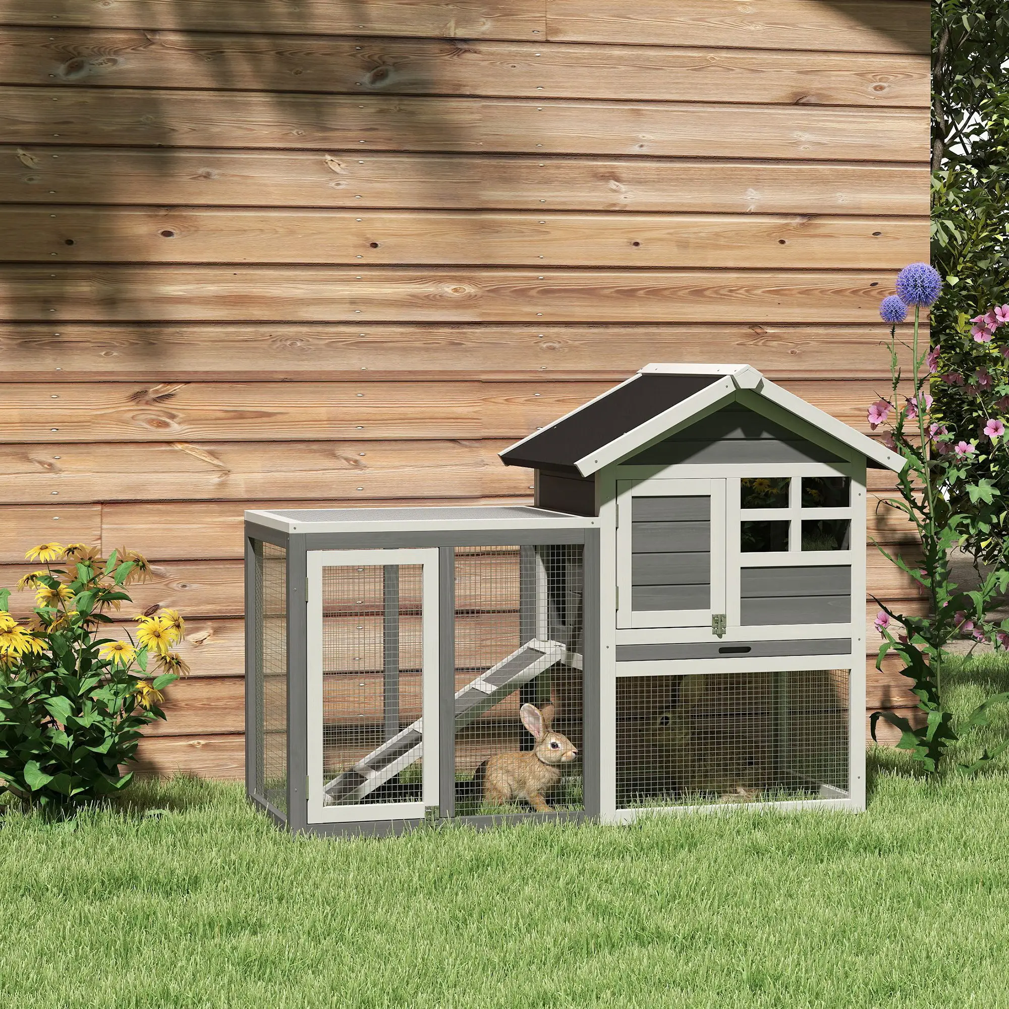 48" Weatherproof Wooden Rabbit Hutch, Slant Roof, Screened Run, Grey - Image 2