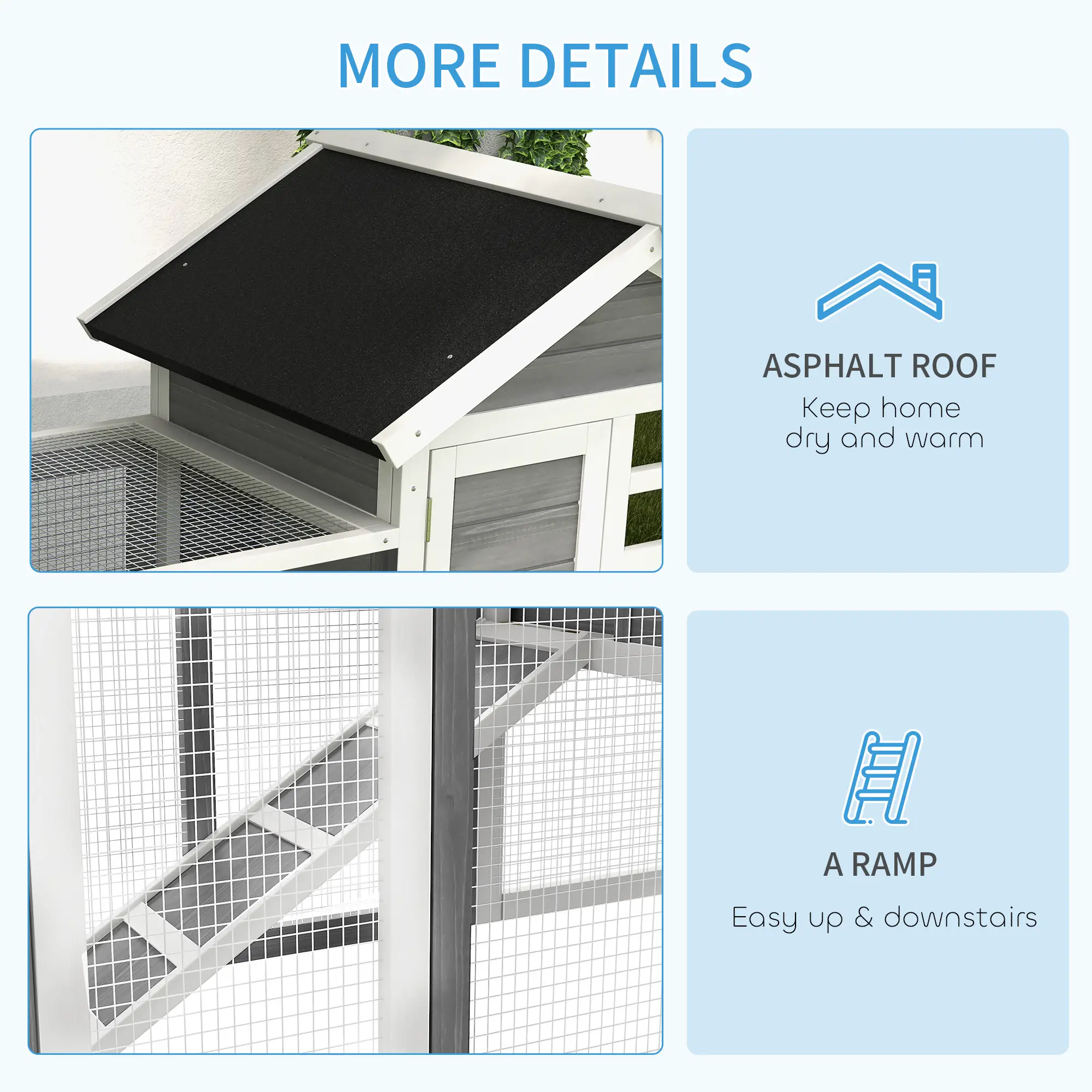 48" Weatherproof Wooden Rabbit Hutch, Slant Roof, Screened Run, Grey - Image 7