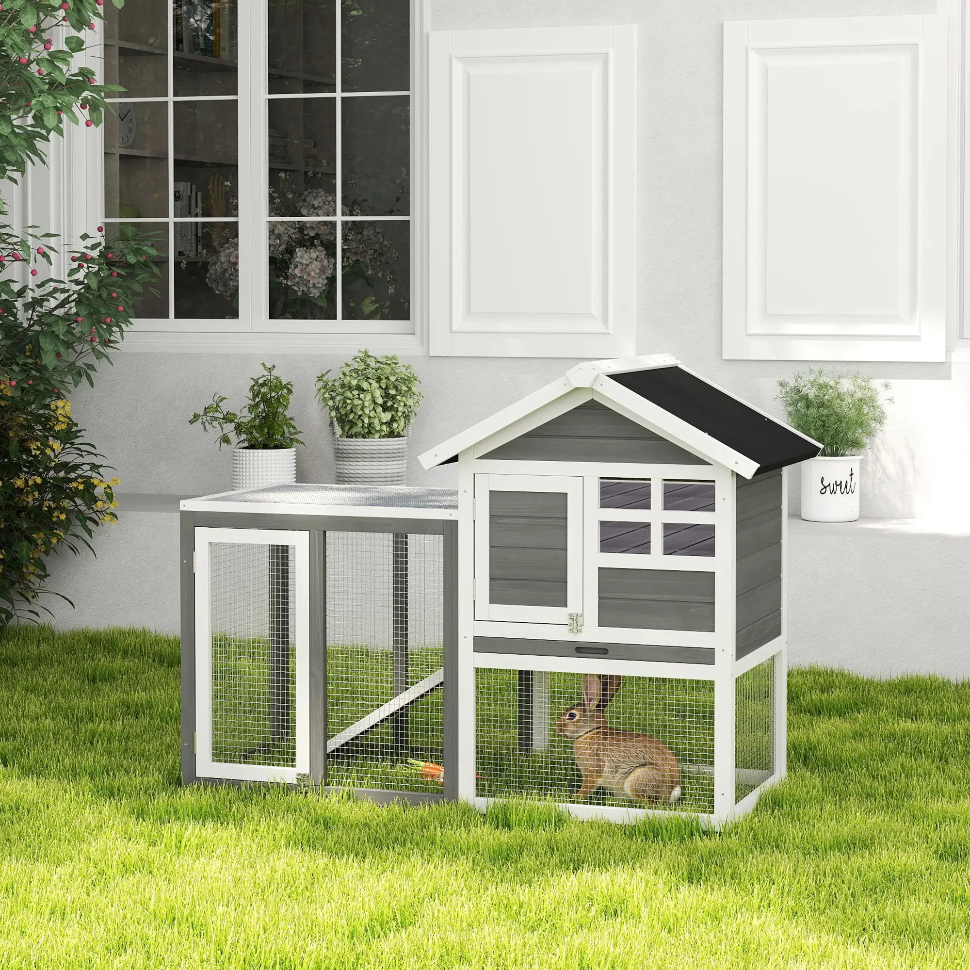 48" Weatherproof Wooden Rabbit Hutch, Slant Roof, Screened Run, Grey - Image 8