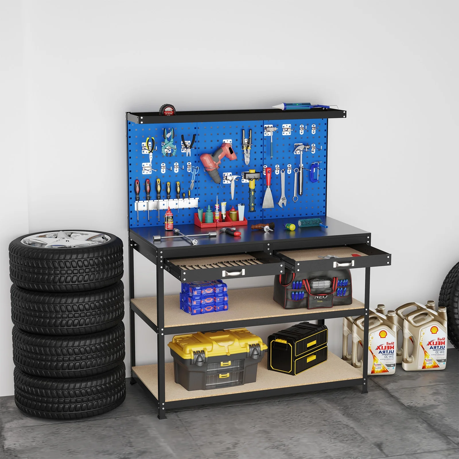 48 x 24 Inch Workbench, With Pegboard Drawer and Shelves, Navy - Image 3