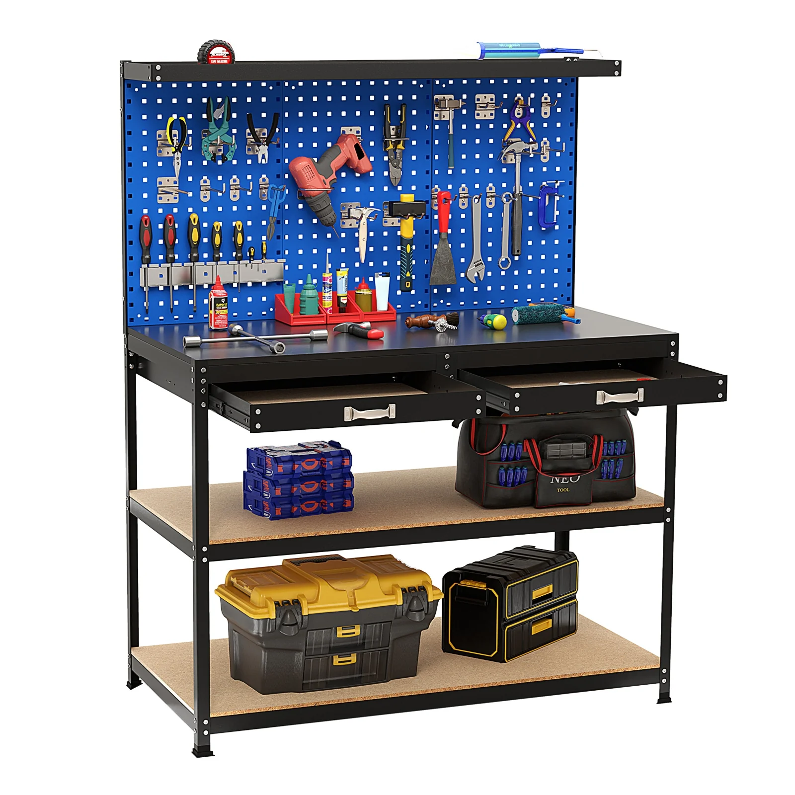 48 x 24 Inch Workbench, With Pegboard Drawer and Shelves, Navy - Image 4
