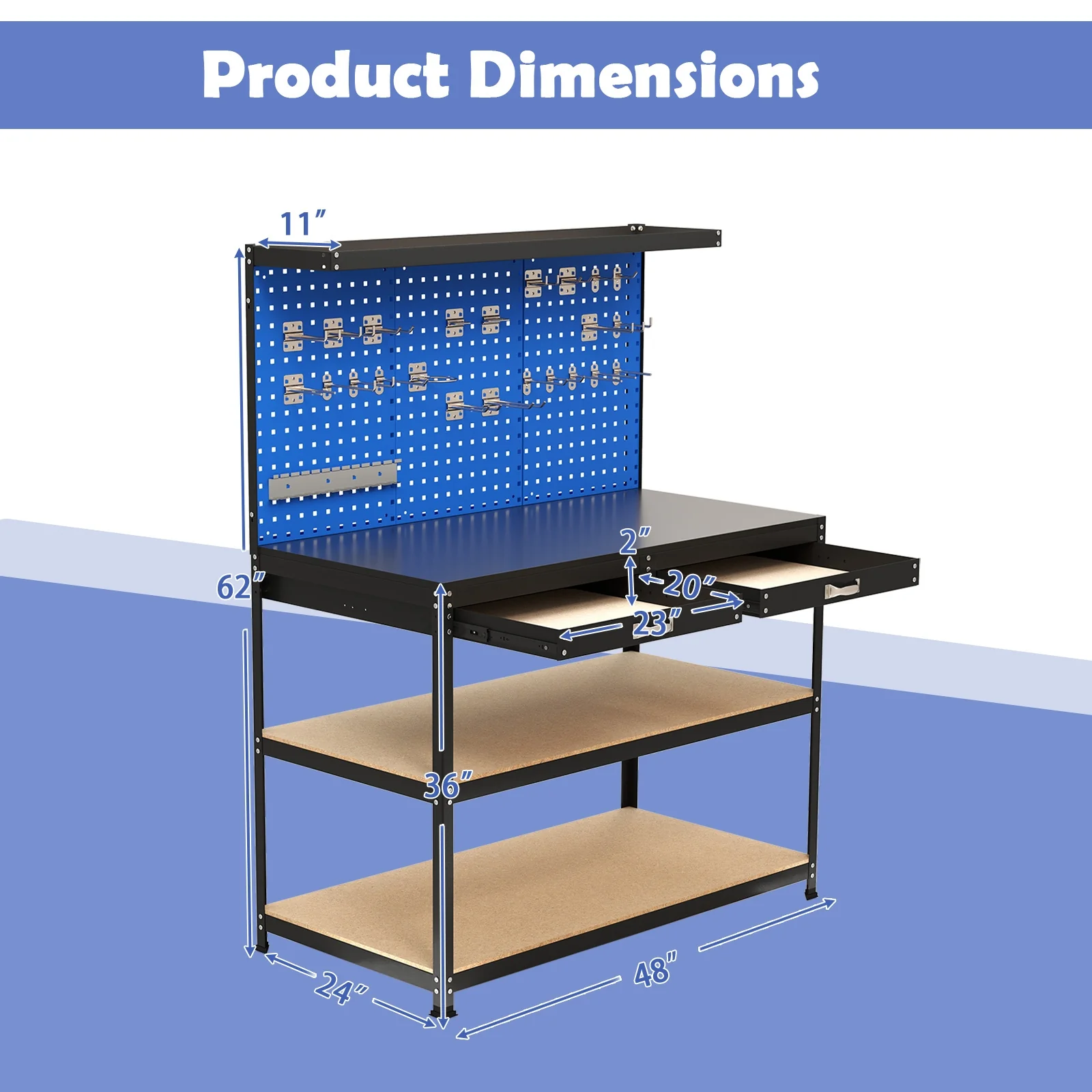 48 x 24 Inch Workbench, With Pegboard Drawer and Shelves, Navy - Image 6