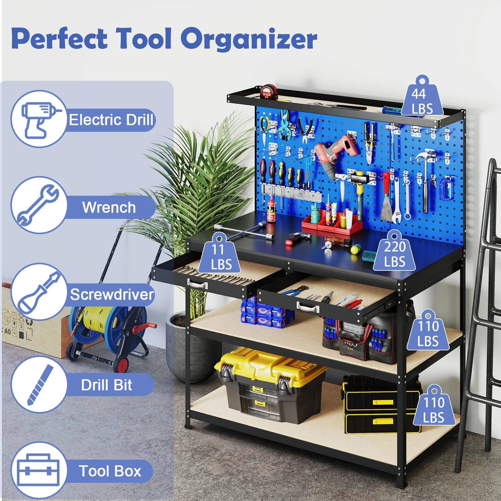 48 x 24 Inch Workbench, With Pegboard Drawer and Shelves, Navy - Image 7