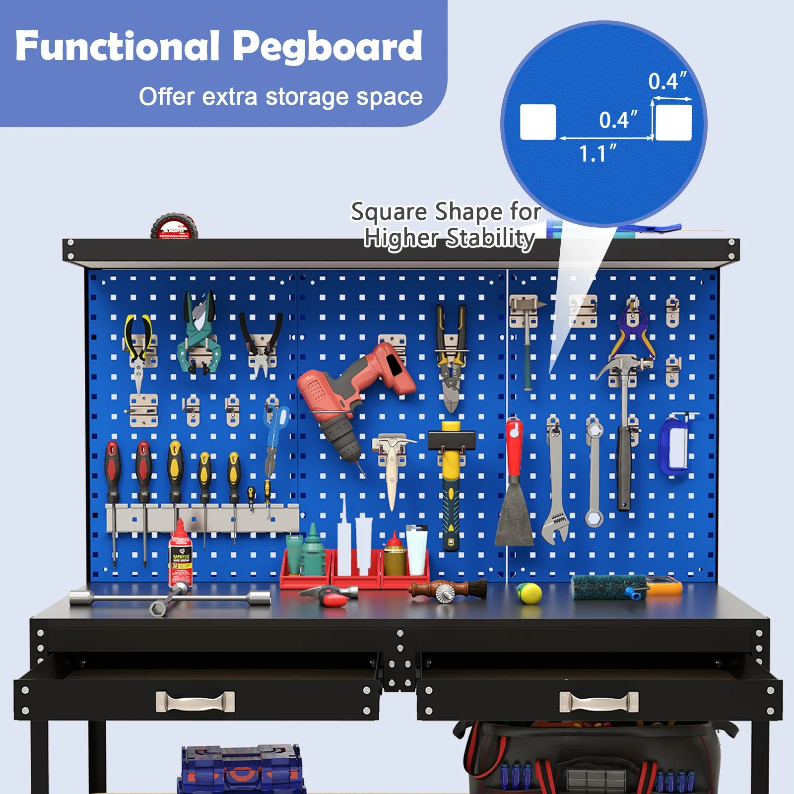 48 x 24 Inch Workbench, With Pegboard Drawer and Shelves, Navy - Image 8