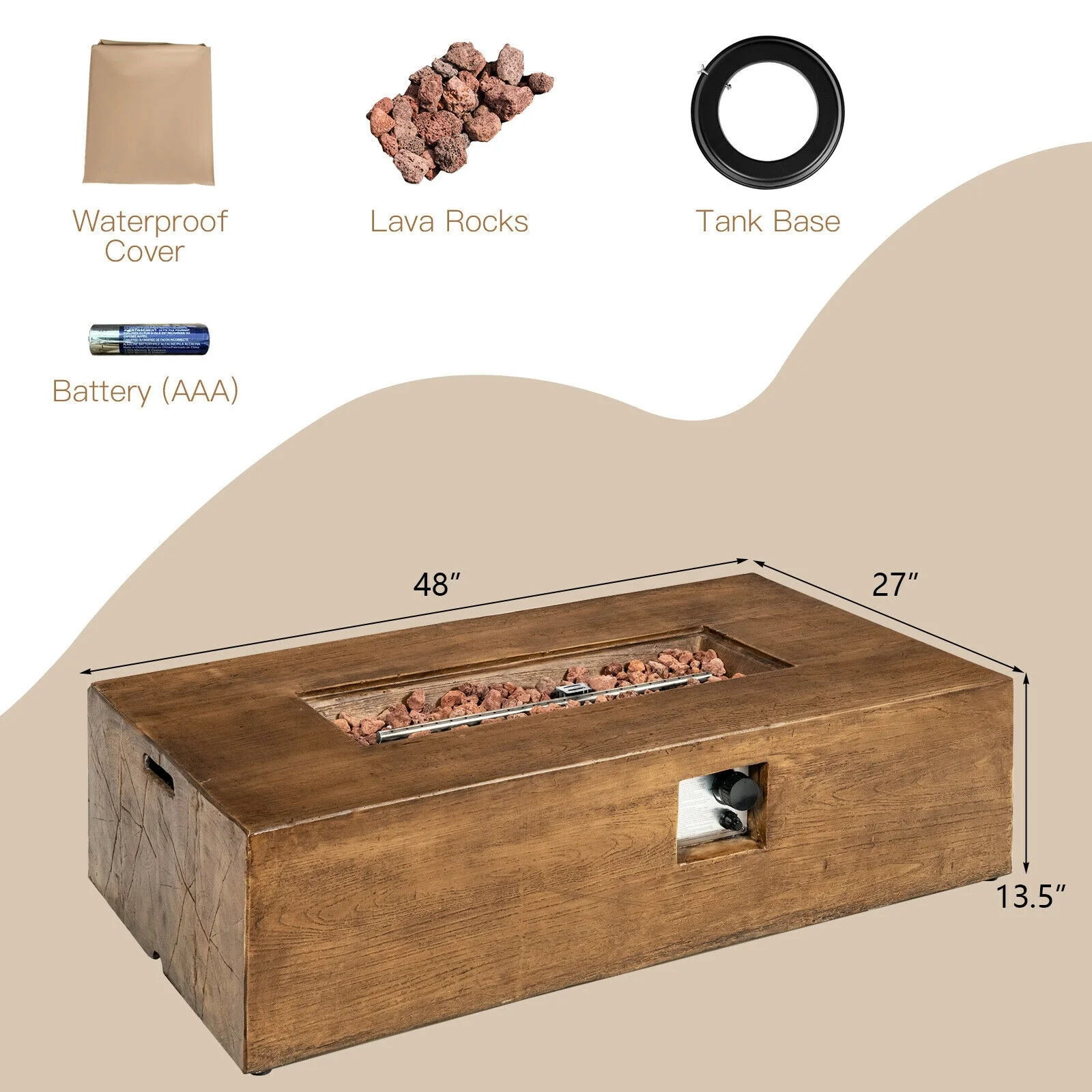 48 x 27Inch Outdoor Gas Fire Pit Table, 50 000 BTU, Brown - Image 5
