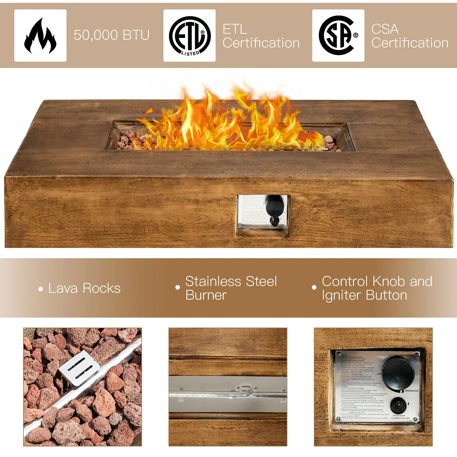 48 x 27Inch Outdoor Gas Fire Pit Table, 50 000 BTU, Brown - Image 8