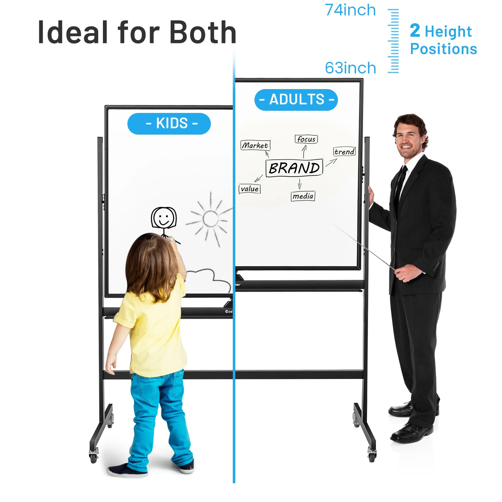 48 x 36 Inch Mobile Magnetic Double-Sided Whiteboard, Black & White - Image 7