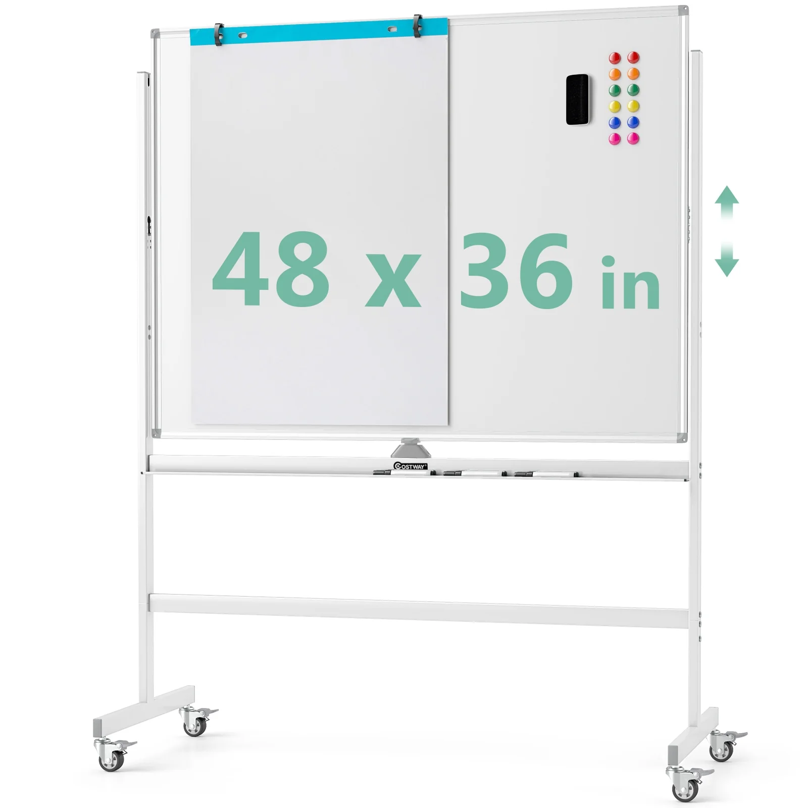 48 x 36 Inches Rolling Whiteboard, Magnetic Surface, White - Image 5