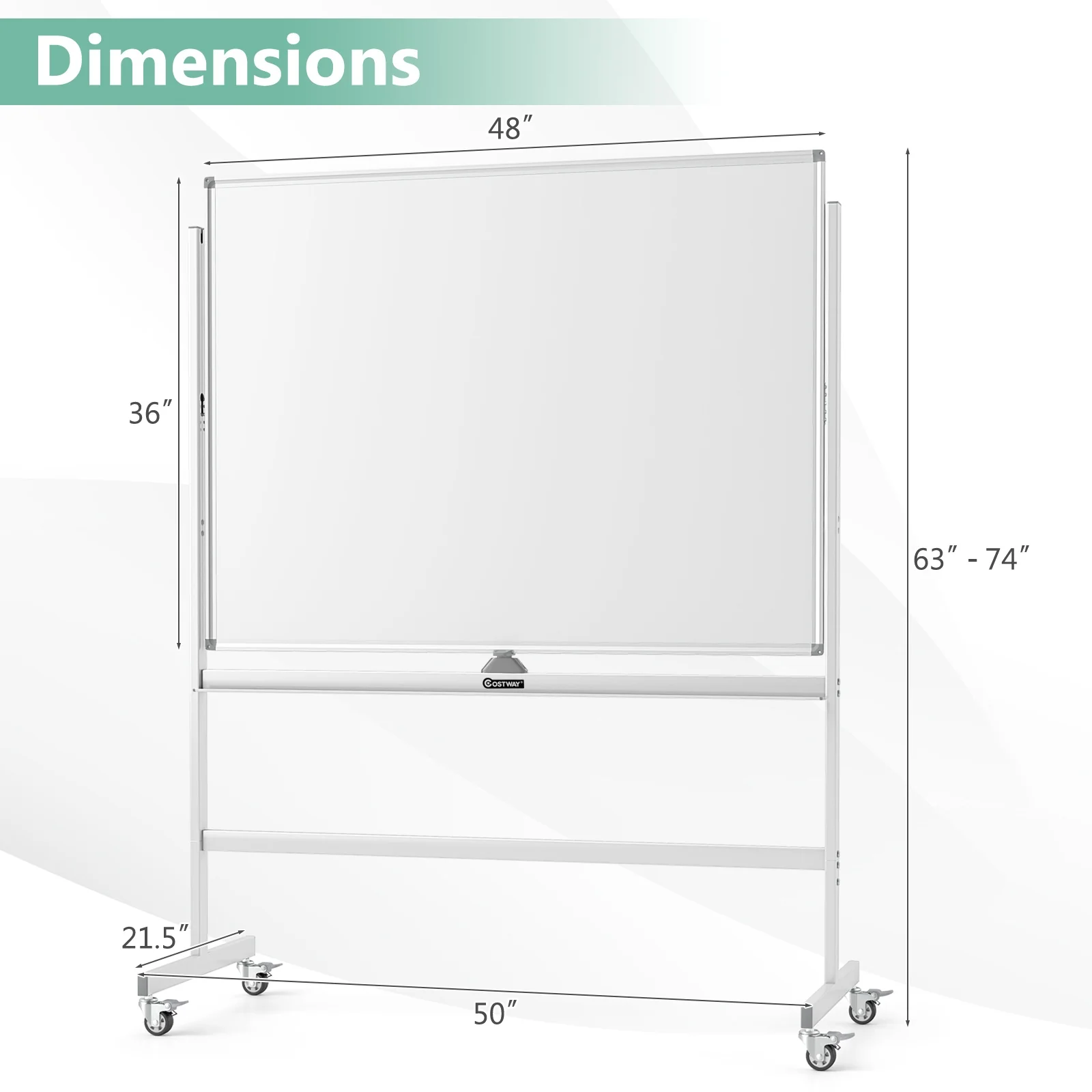 48 x 36 Inches Rolling Whiteboard, Magnetic Surface, White - Image 6