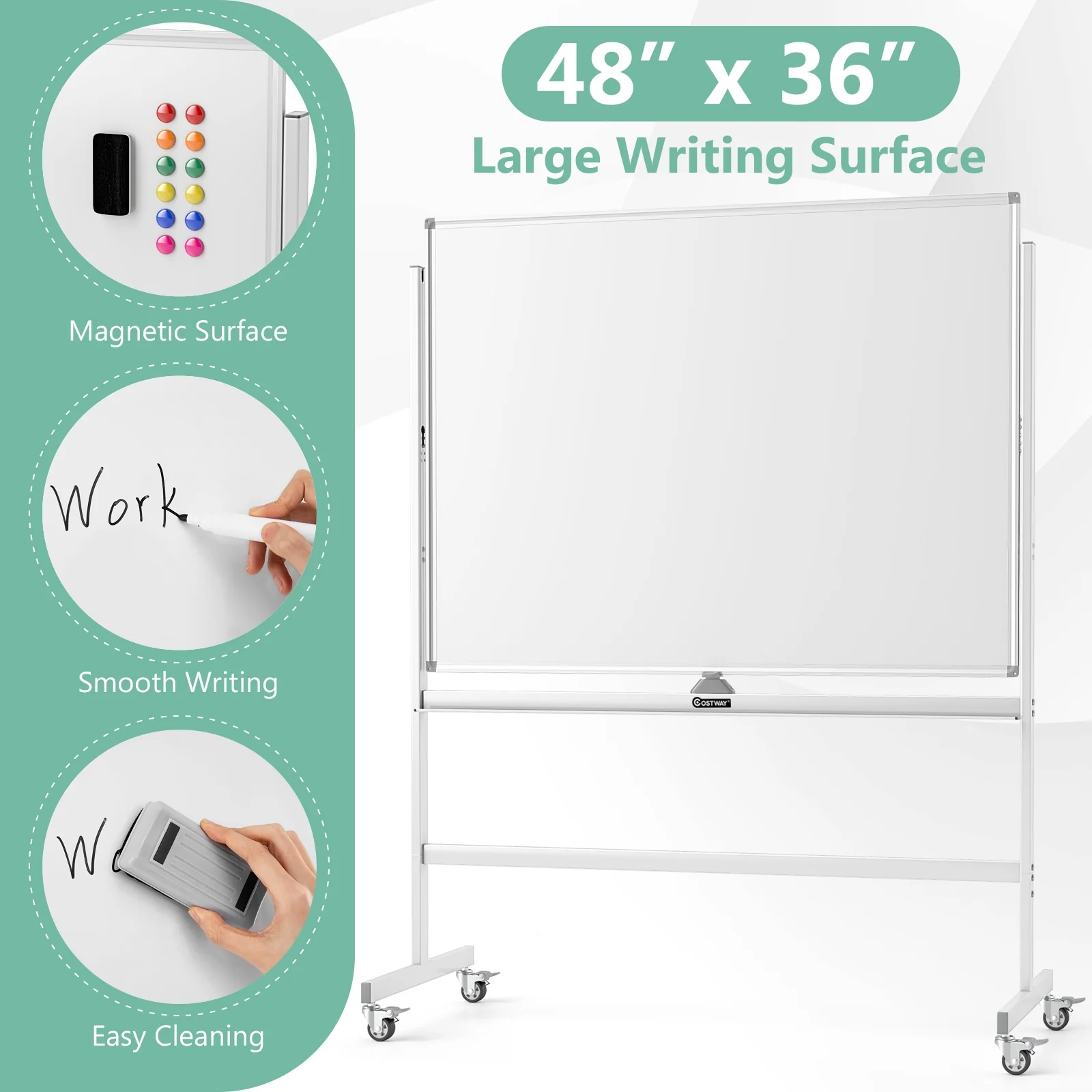48 x 36 Inches Rolling Whiteboard, Magnetic Surface, White - Image 9