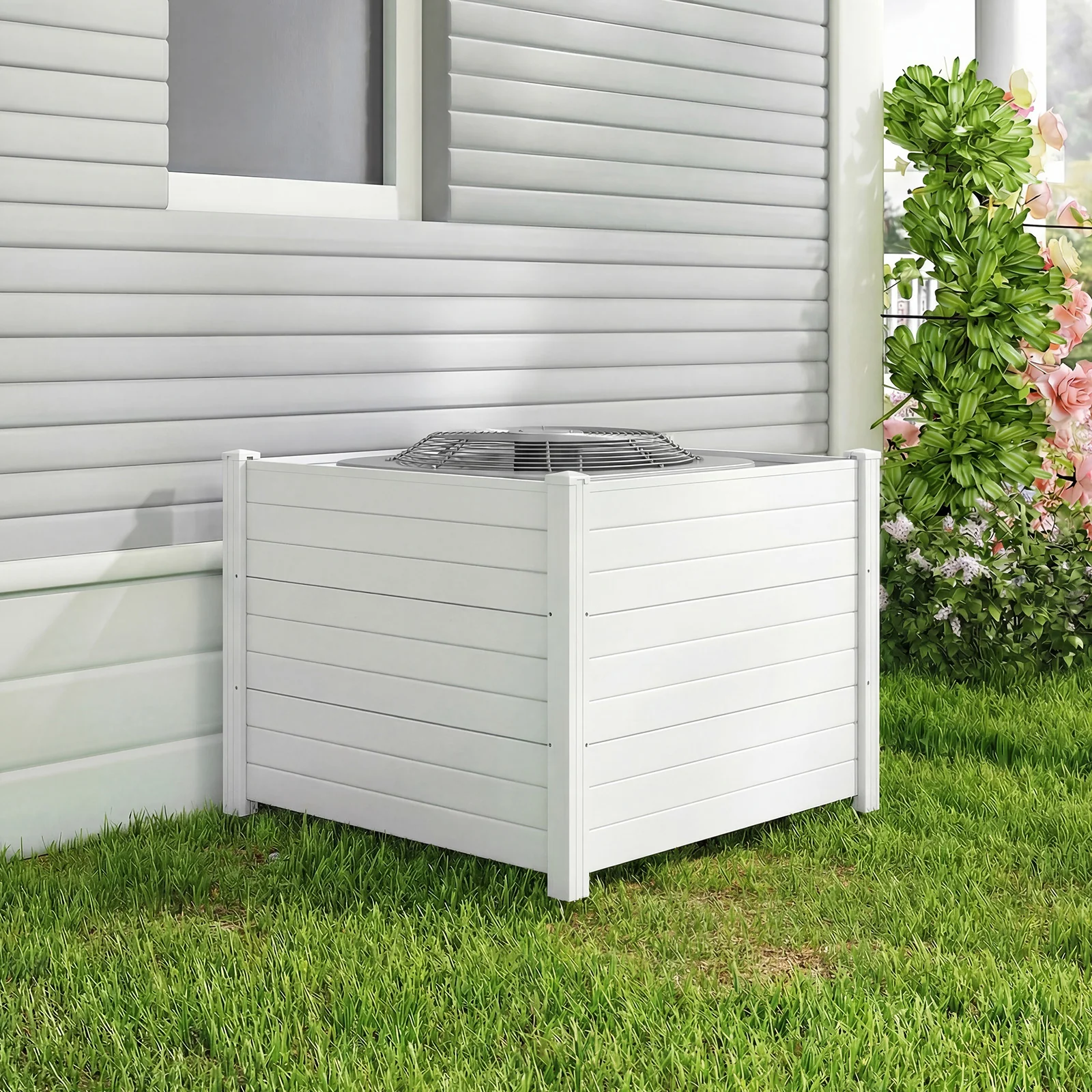 48 x 38 Inch Air Conditioner Fence, 3 Panels, Metal Ground Stakes, White - Image 3