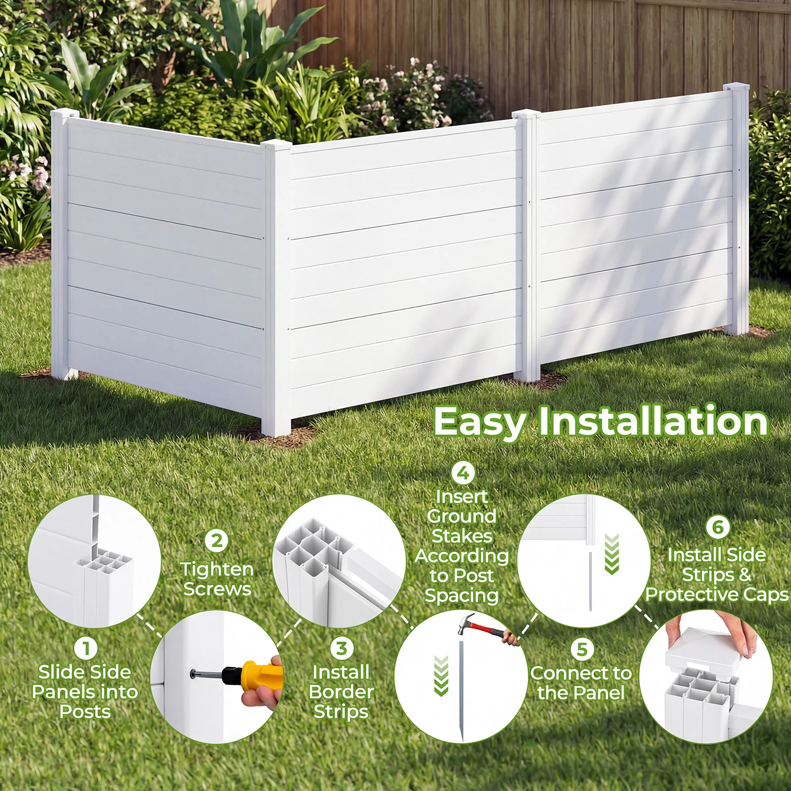 48 x 38 Inch Air Conditioner Fence, 3 Panels, Metal Ground Stakes, White - Image 9