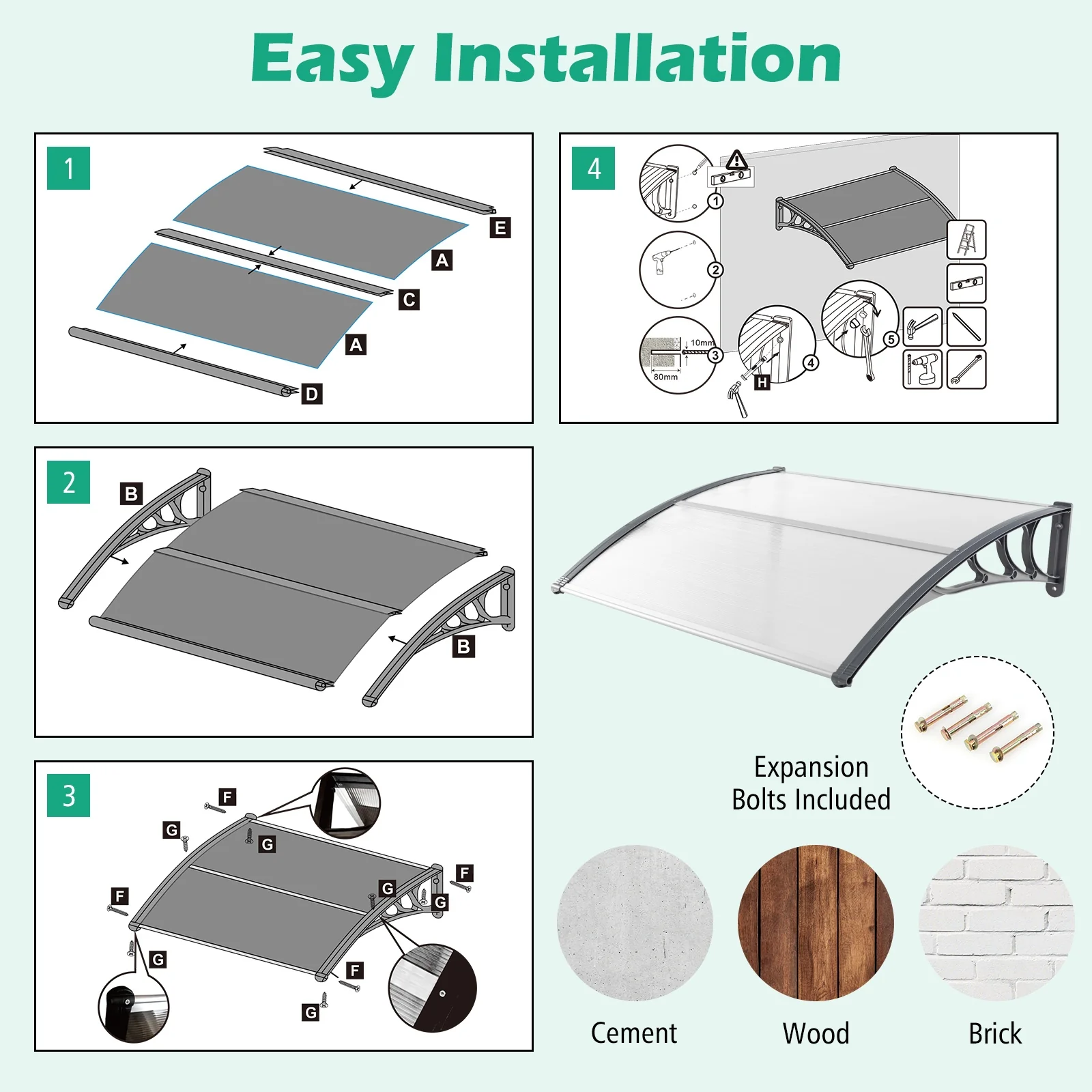 48 x 40 Inch Outdoor Front Door Window Awning, Gray - Image 10