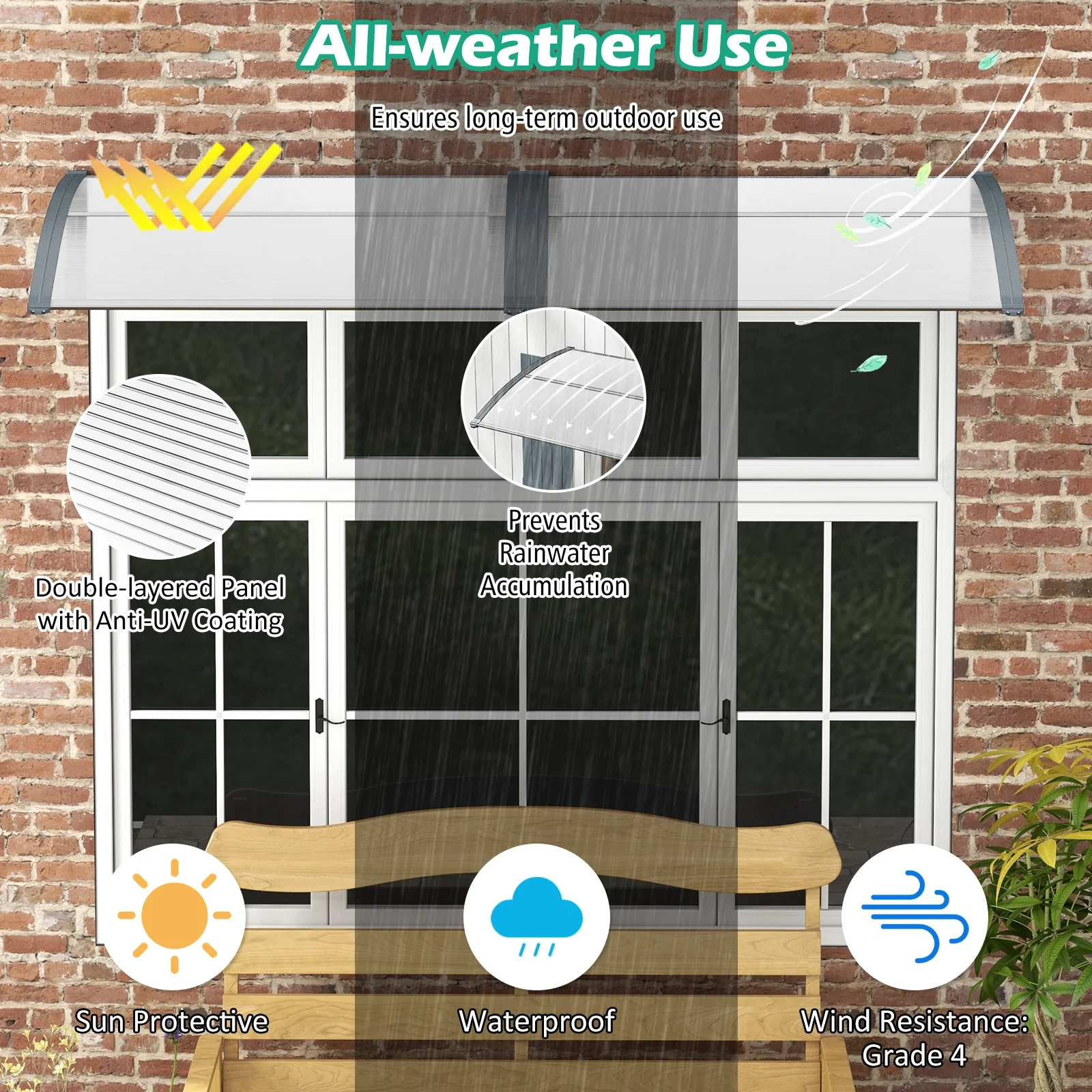 48 x 40 Inch Outdoor Front Door Window Awning, Gray - Image 8