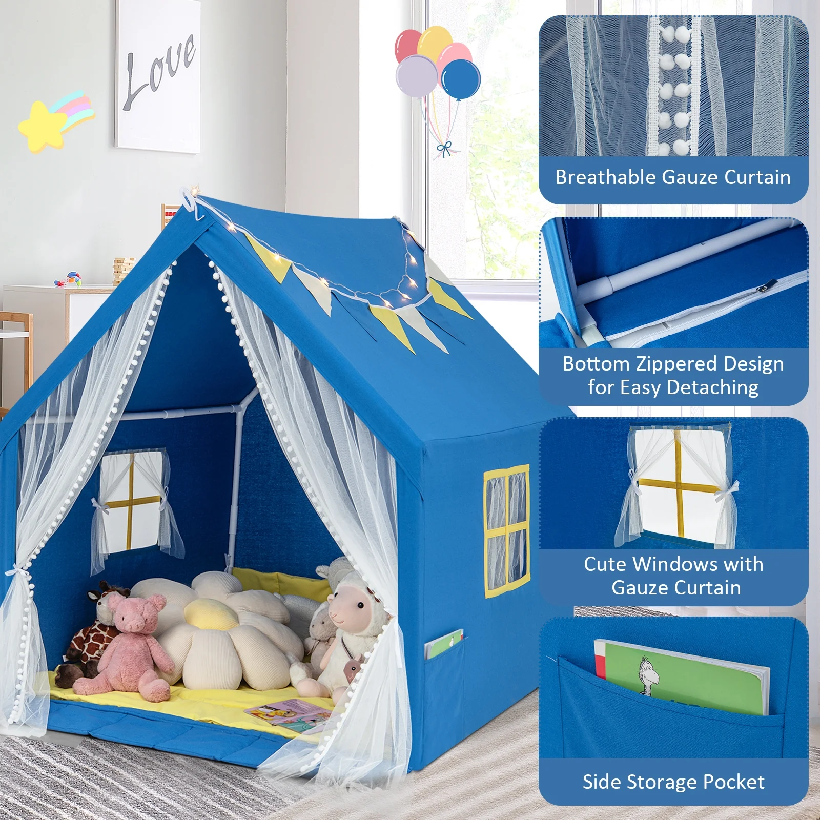 48 x 42 x 50 Inch Large Play Tent, Washable Cotton Mat, Blue - Image 10