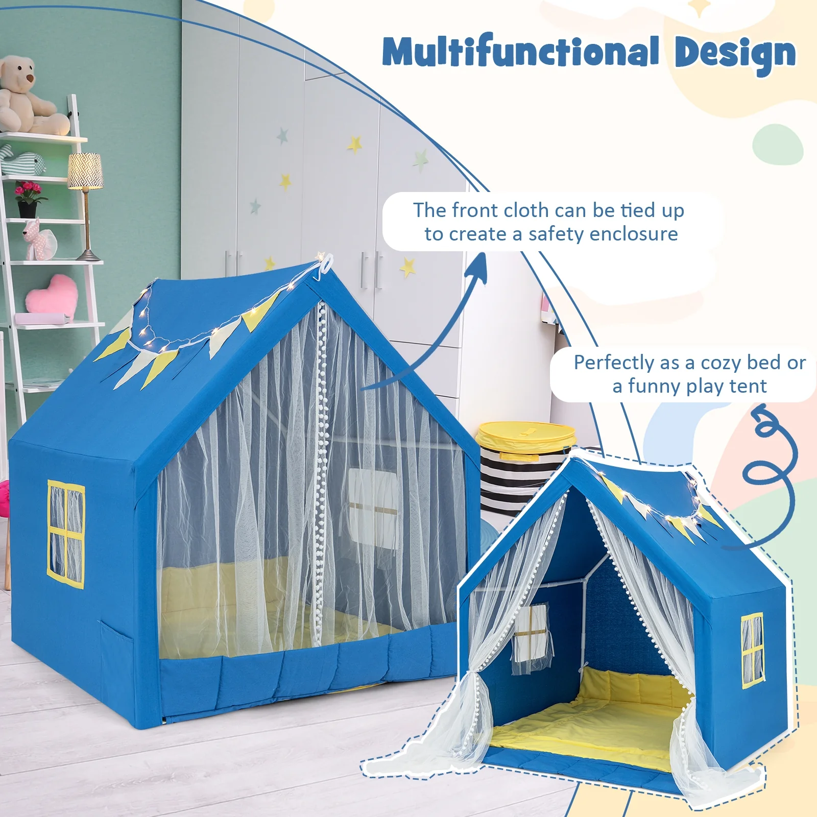48 x 42 x 50 Inch Large Play Tent, Washable Cotton Mat, Blue - Image 5