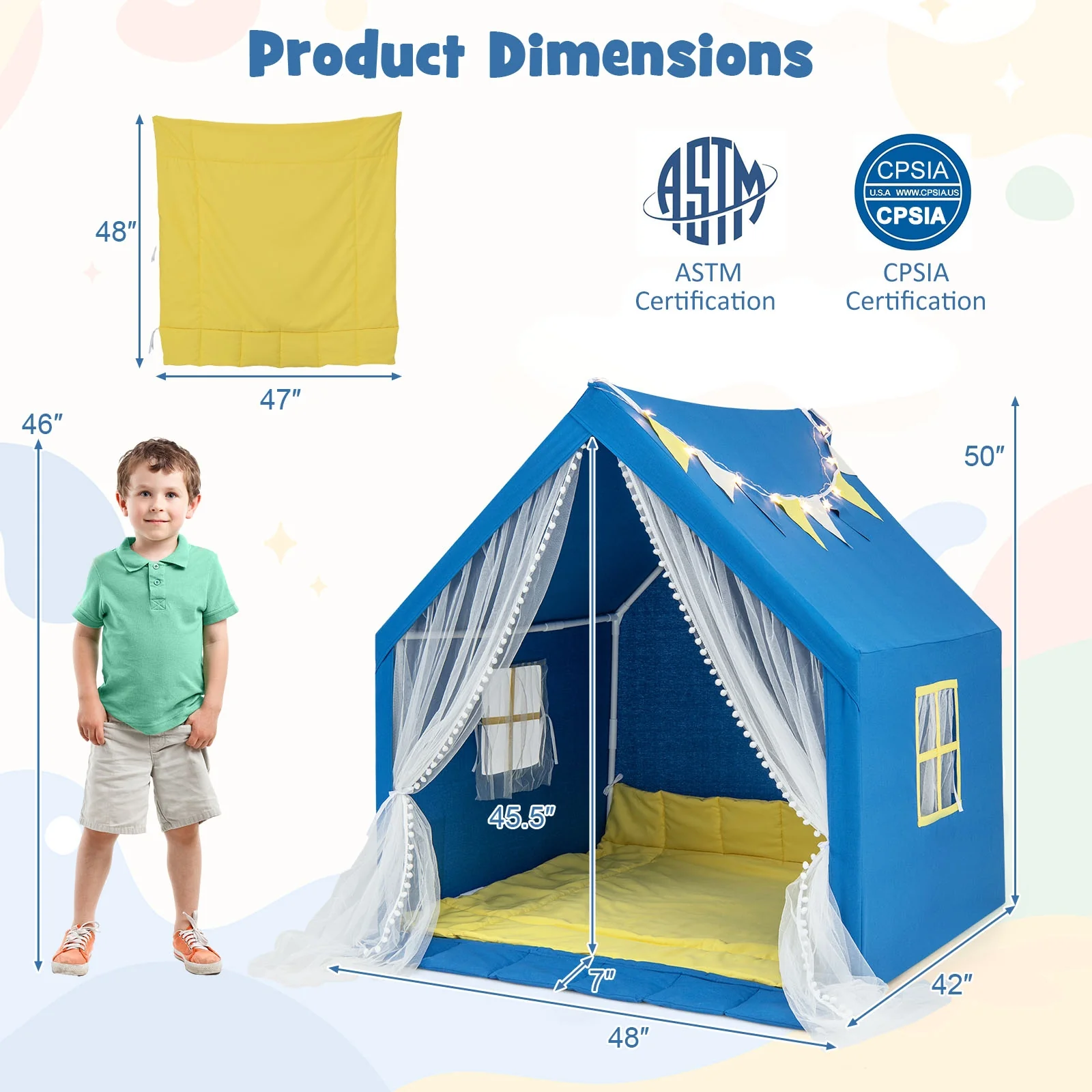 48 x 42 x 50 Inch Large Play Tent, Washable Cotton Mat, Blue - Image 6