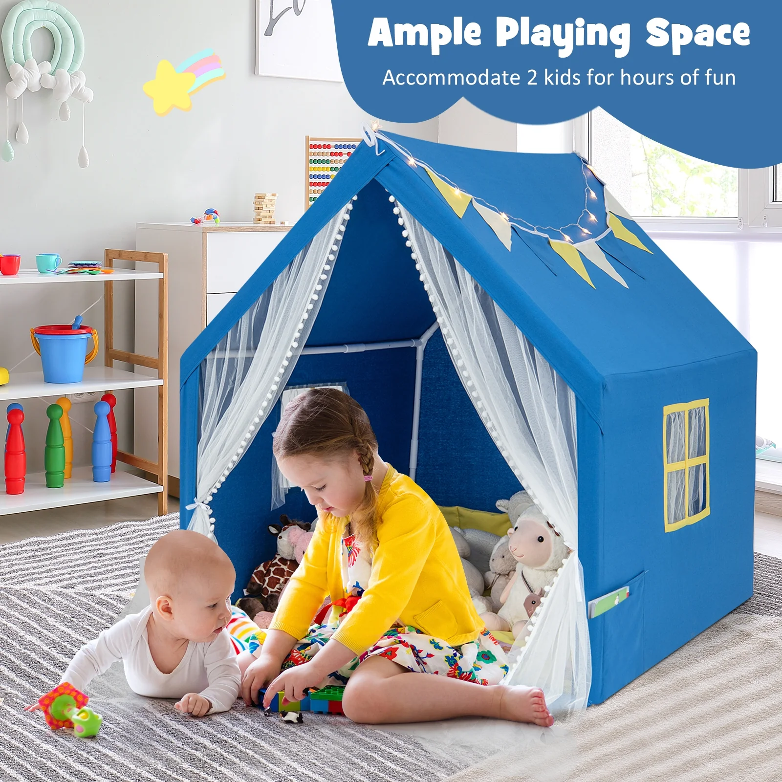 48 x 42 x 50 Inch Large Play Tent, Washable Cotton Mat, Blue - Image 7