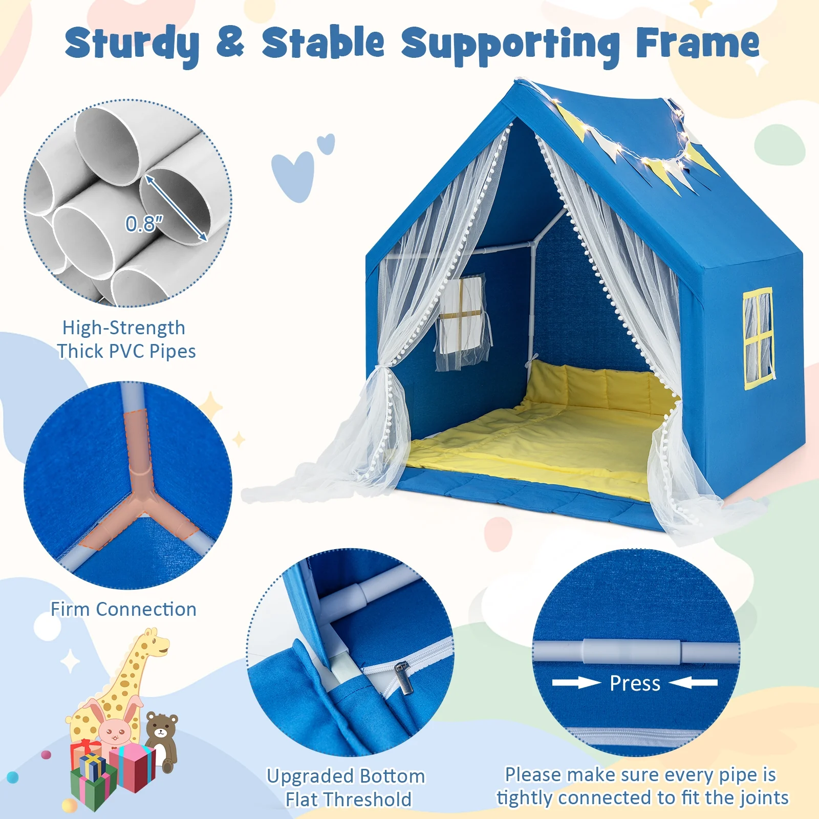 48 x 42 x 50 Inch Large Play Tent, Washable Cotton Mat, Blue - Image 9