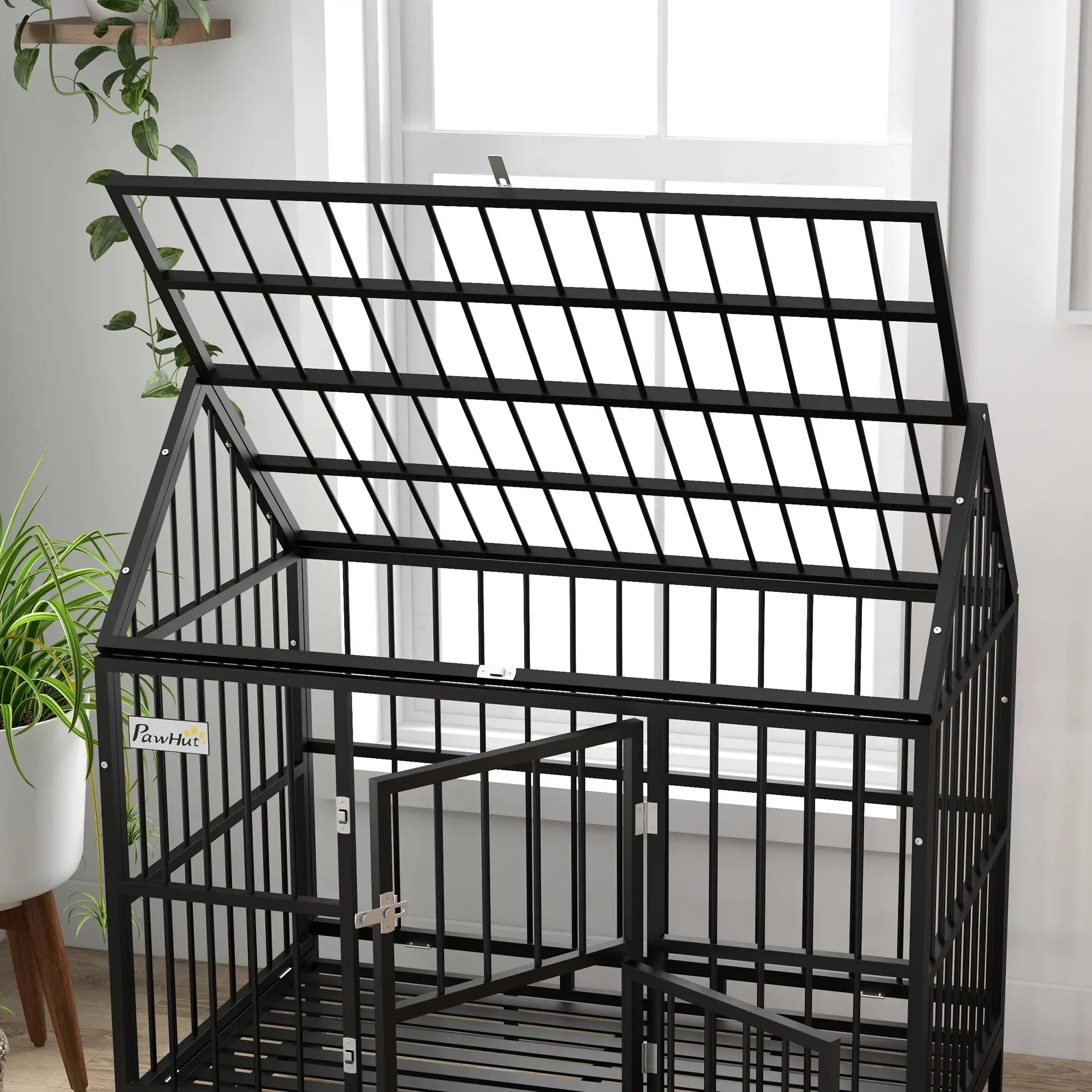 49" Heavy Duty Dog Crate, Removable Tray, Openable Roof, Black - Image 10