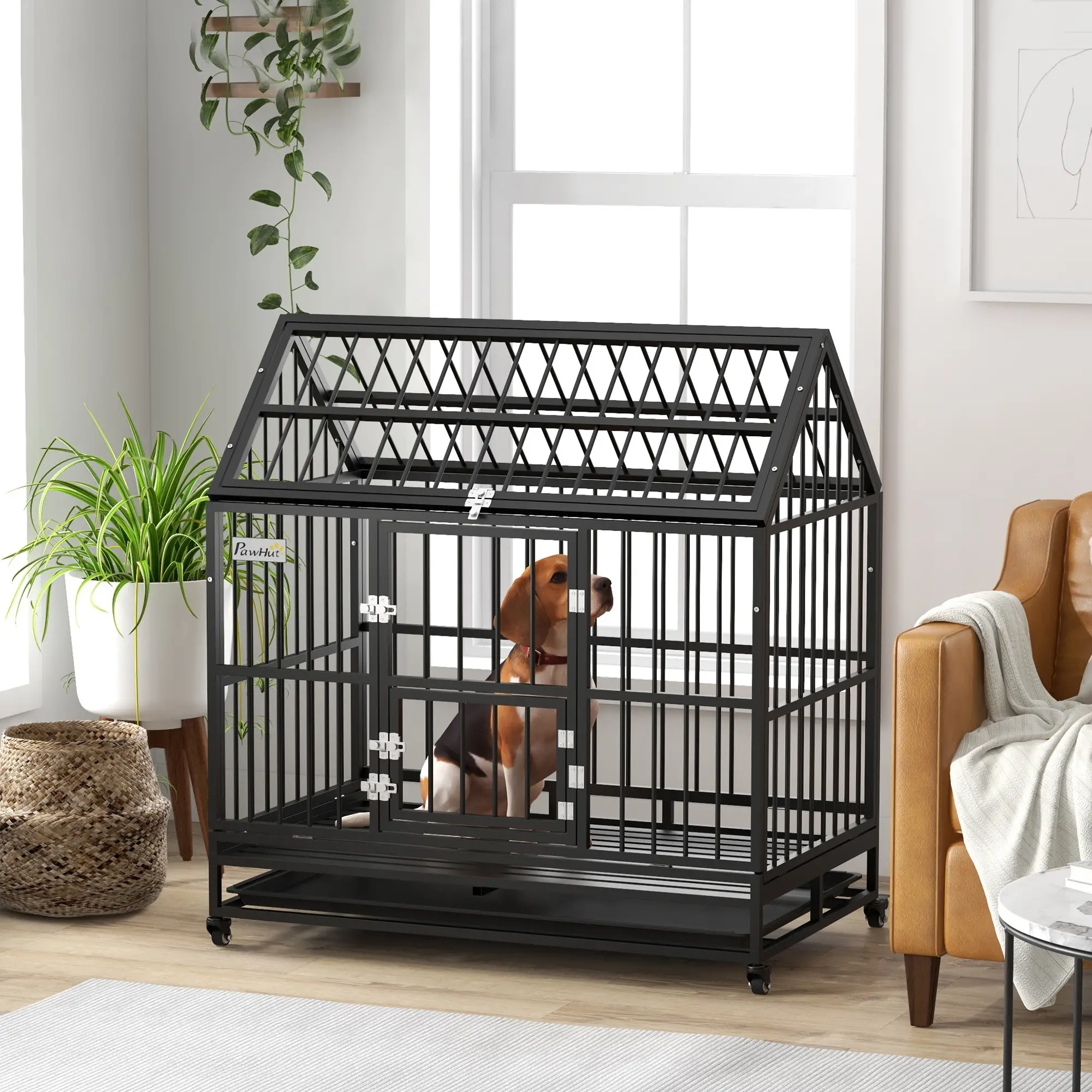 49" Heavy Duty Dog Crate, Removable Tray, Openable Roof, Black - Image 2